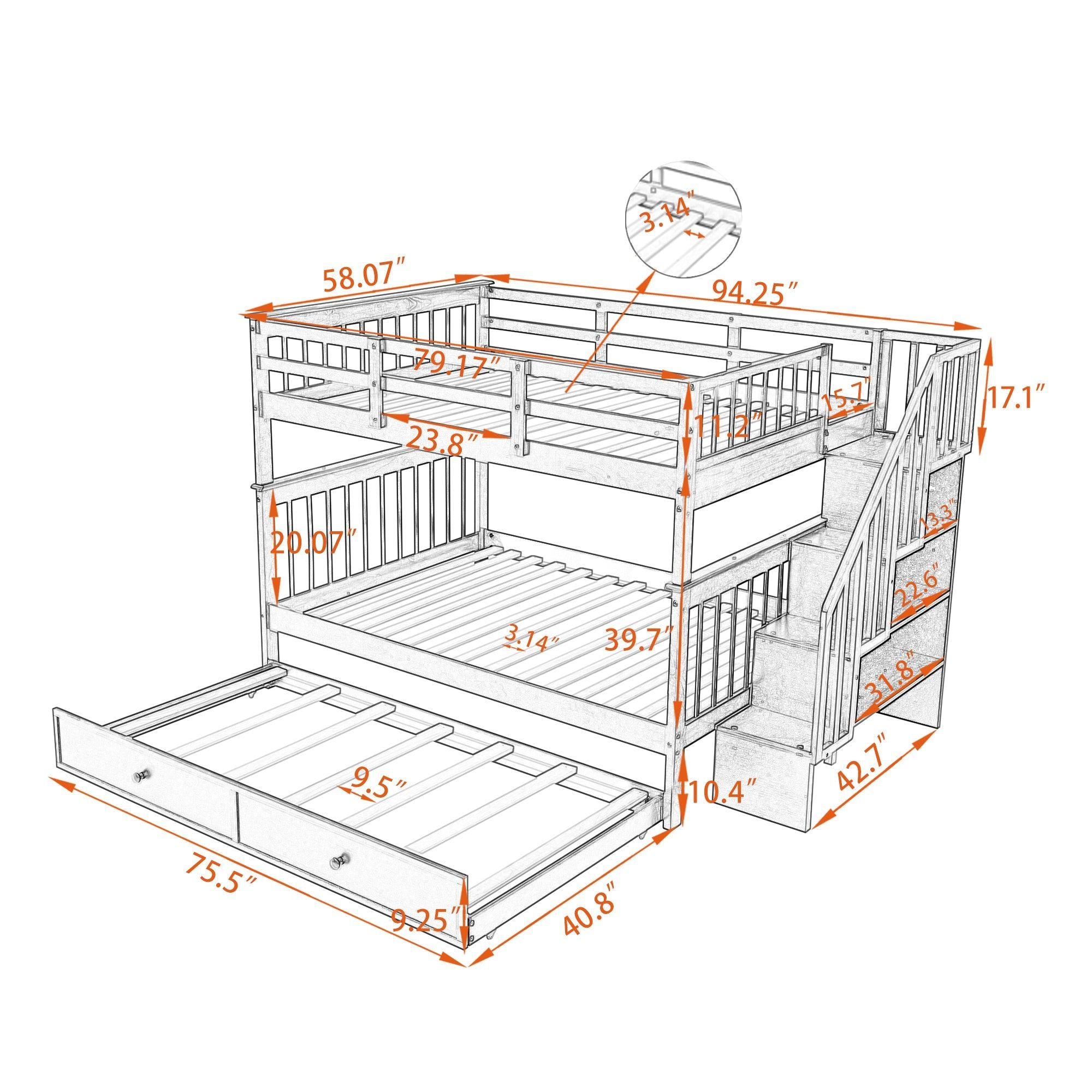 Full Over Full Bunk Bed with Twin Size Trundle,Storage Staircase and Guard Rail  - Espresso