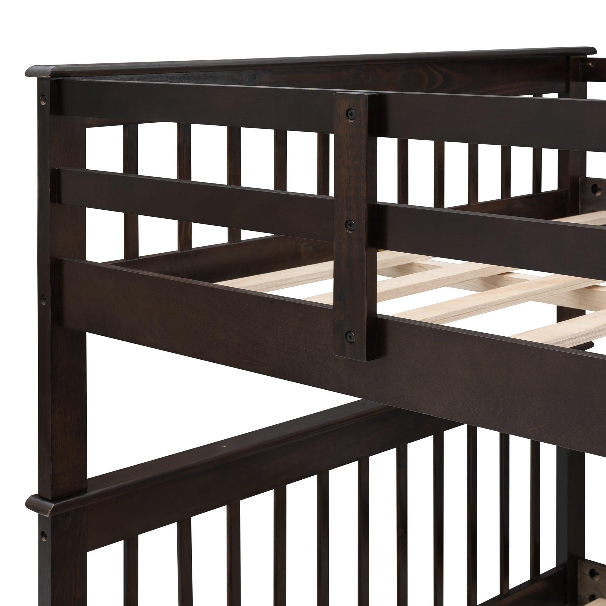 Full Over Full Bunk Bed with Twin Size Trundle,Storage Staircase and Guard Rail  - Espresso