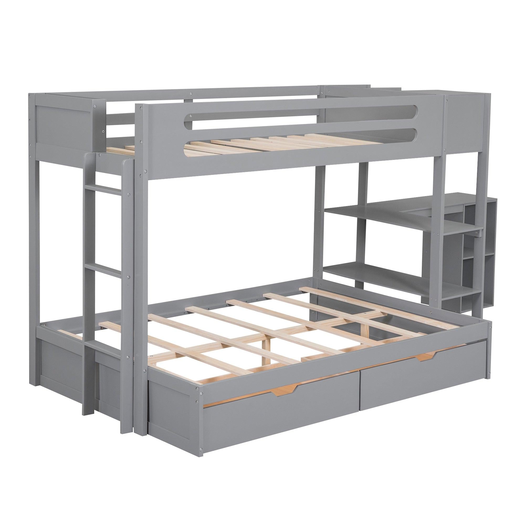 Twin over Full Bunk Bed with Drawers, Shelves, Drawers, and L-shaped Desk - Gray