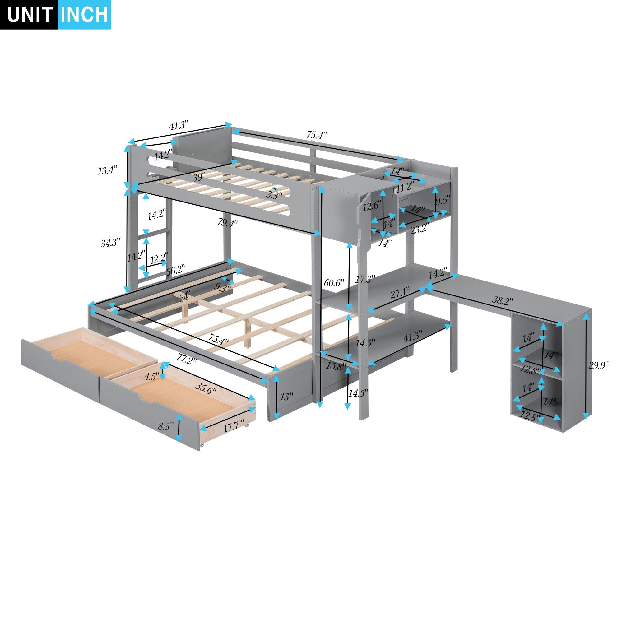 Twin over Full Bunk Bed with Drawers, Shelves, Drawers, and L-shaped Desk - Gray