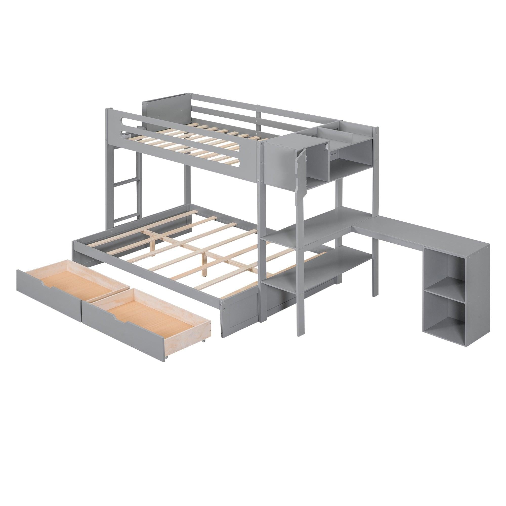 Twin over Full Bunk Bed with Drawers, Shelves, Drawers, and L-shaped Desk - Gray