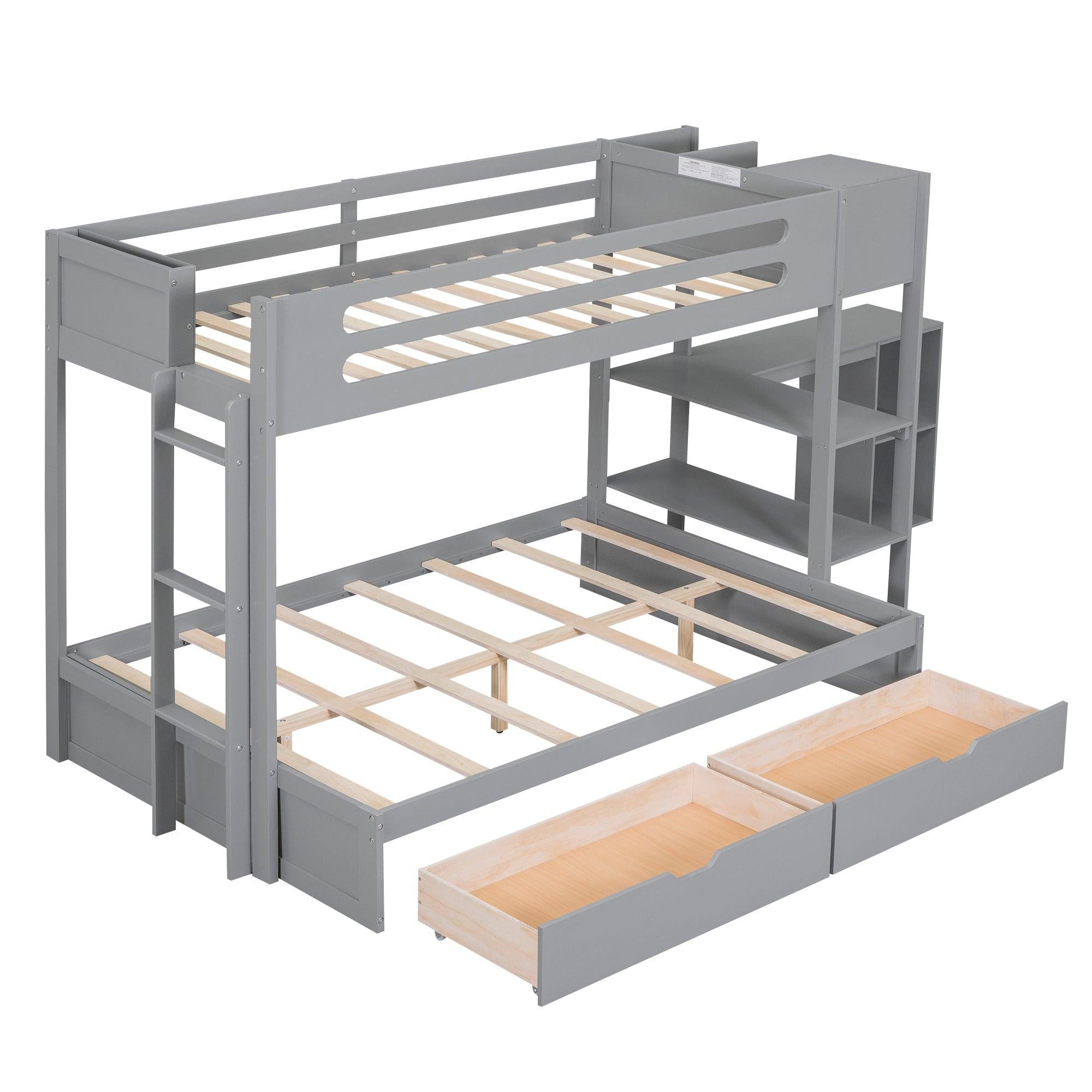 Twin over Full Bunk Bed with Drawers, Shelves, Drawers, and L-shaped Desk - Gray