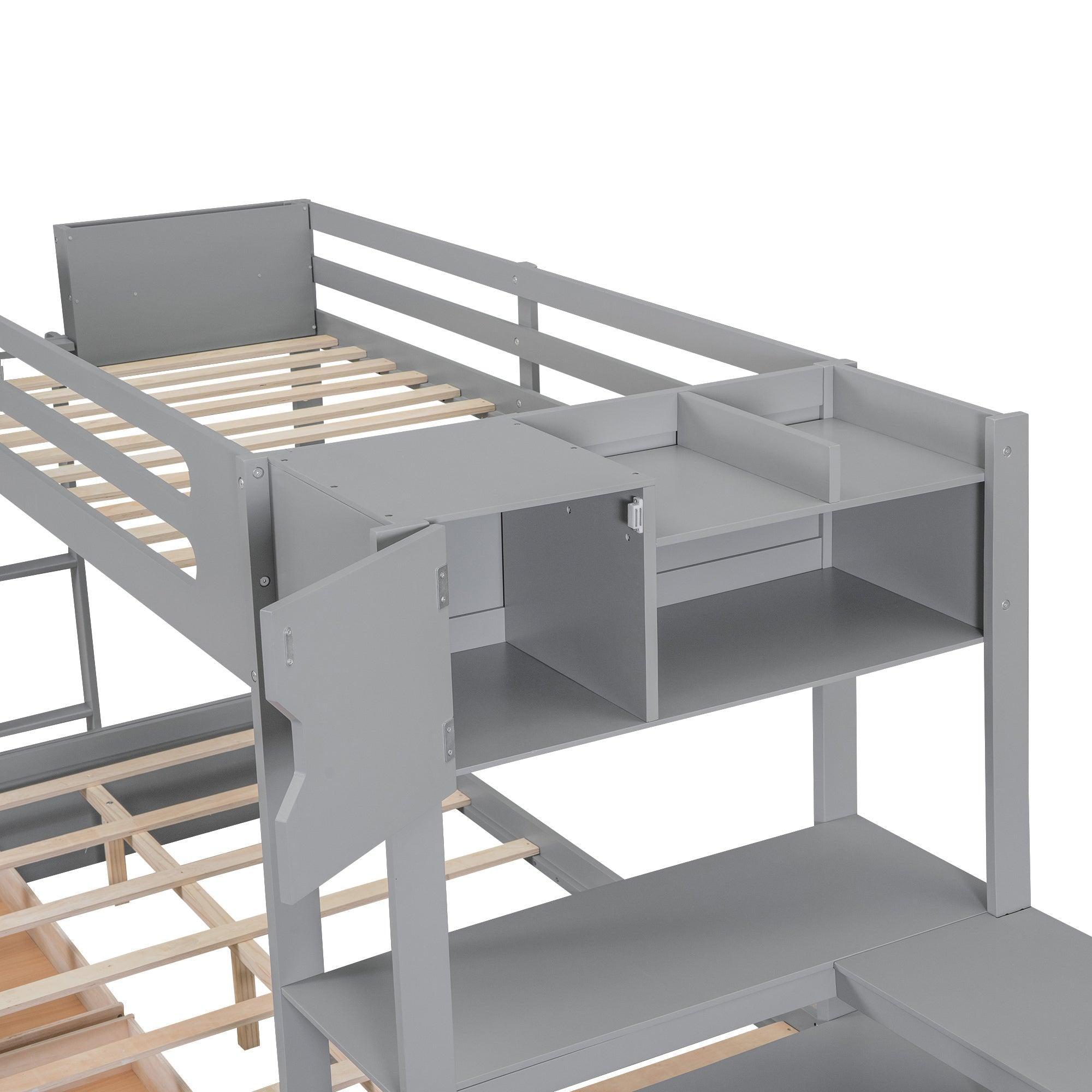 Twin over Full Bunk Bed with Drawers, Shelves, Drawers, and L-shaped Desk - Gray