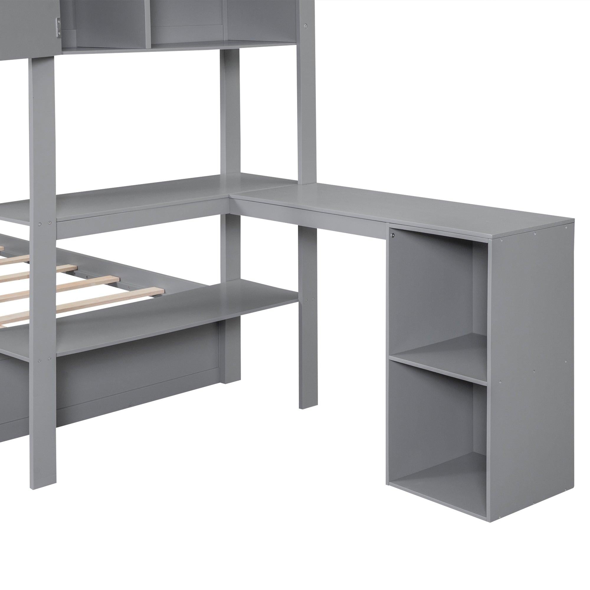 Twin over Full Bunk Bed with Drawers, Shelves, Drawers, and L-shaped Desk - Gray