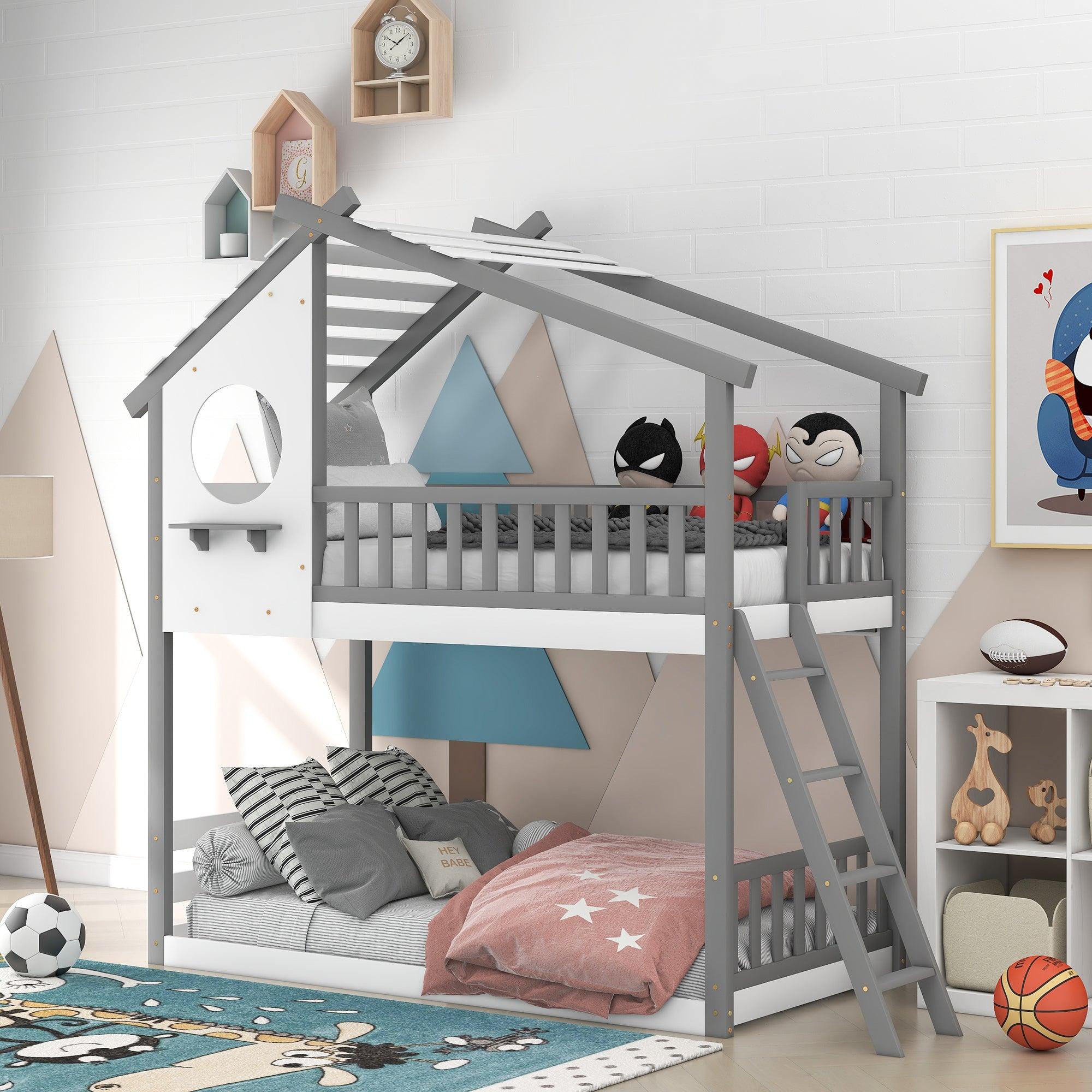 Twin Over Twin Low House Shaped Bunk Bed with Window and Ladder - Gray image