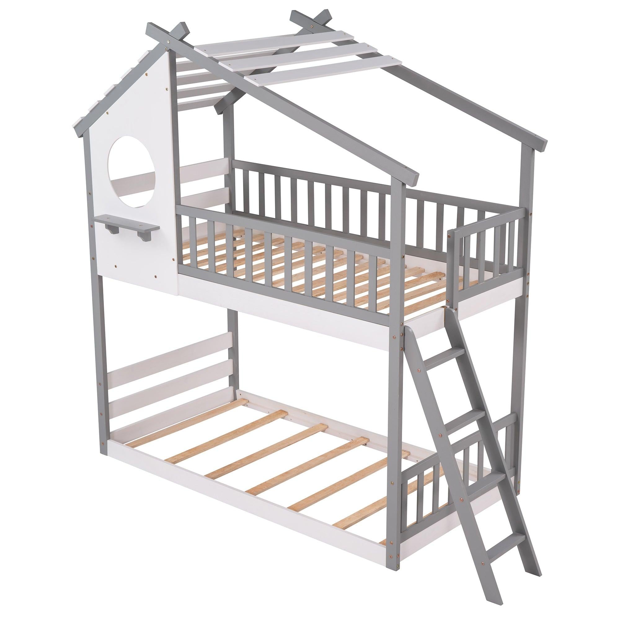 Twin Over Twin Low House Shaped Bunk Bed with Window and Ladder - Gray