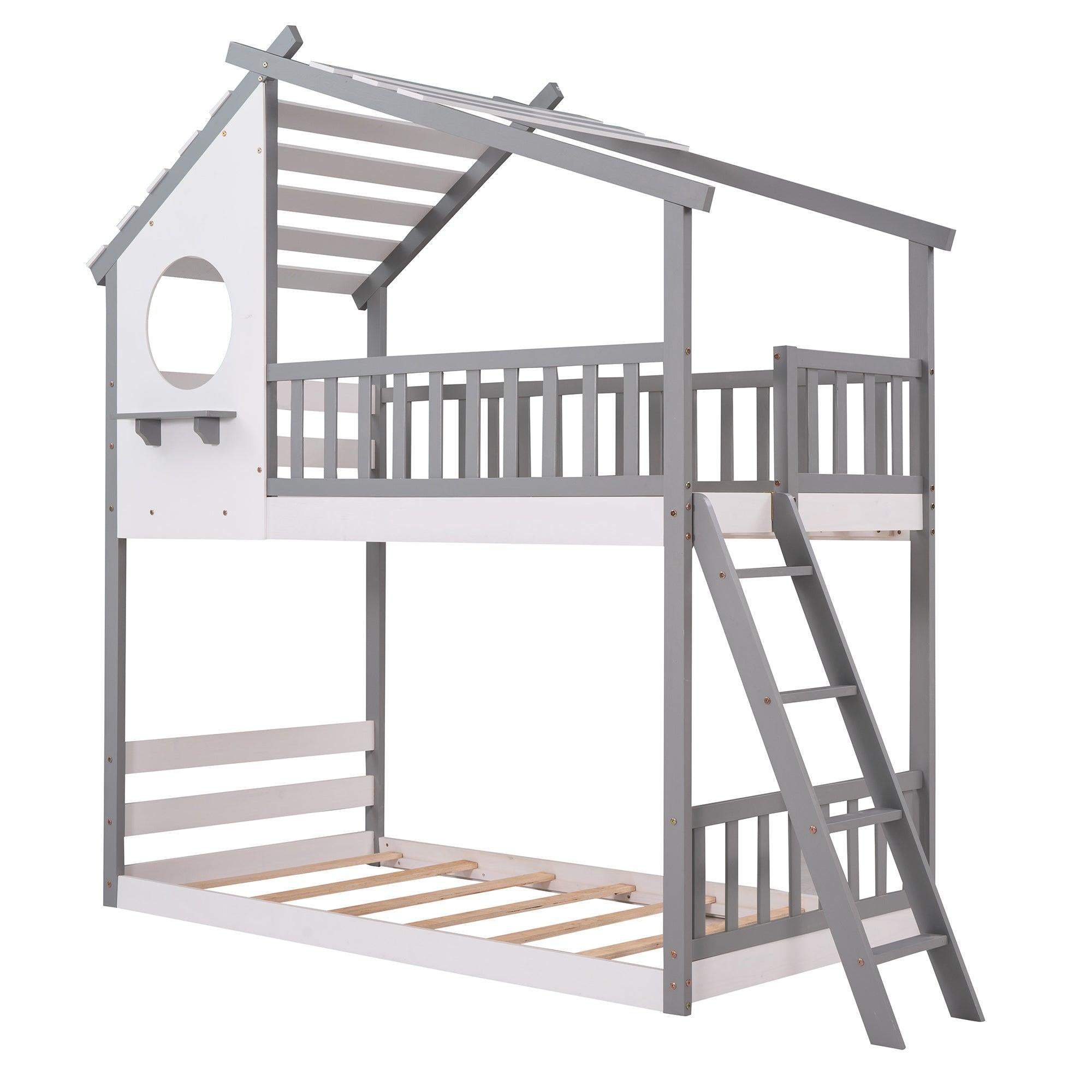 Twin Over Twin Low House Shaped Bunk Bed with Window and Ladder - Gray