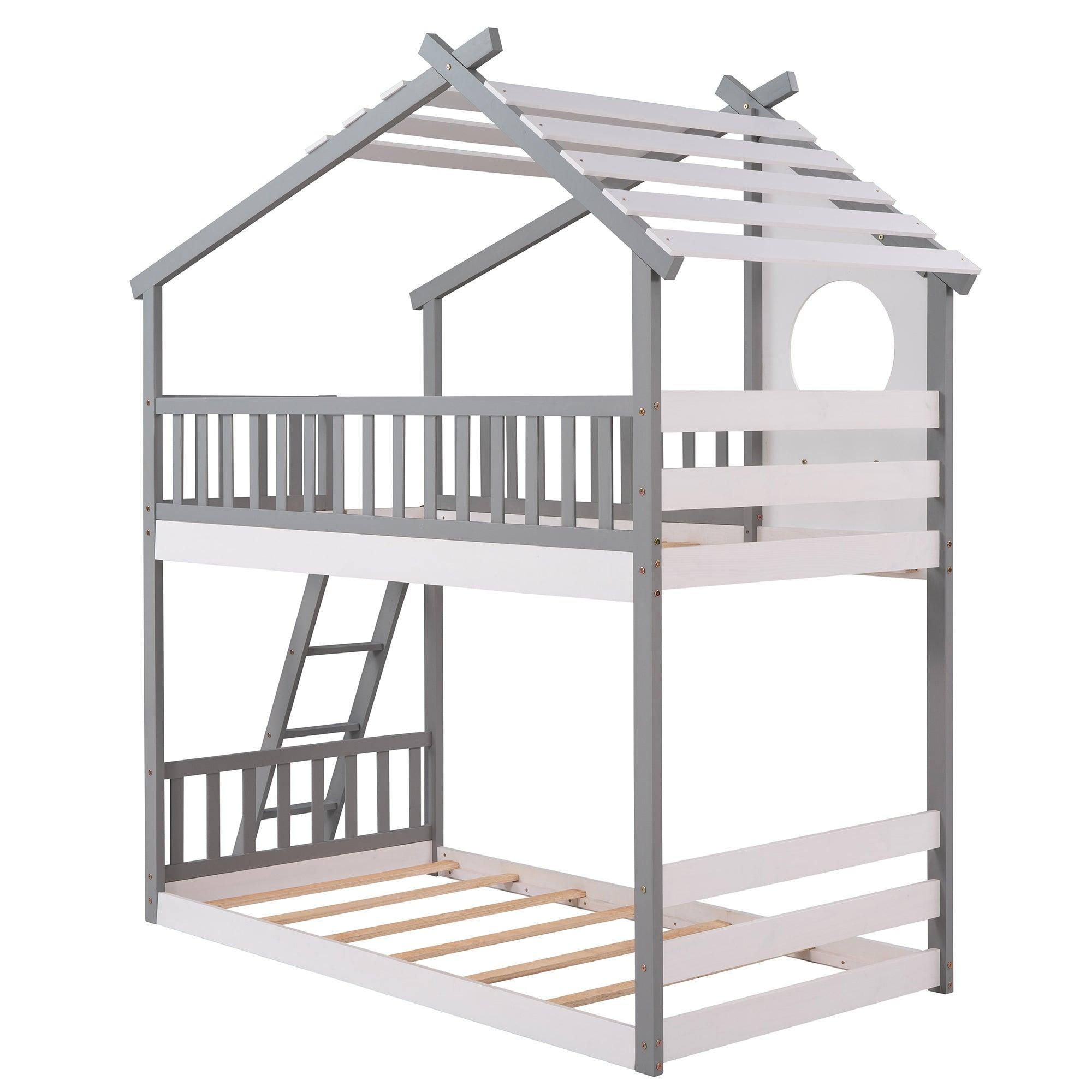 Twin Over Twin Low House Shaped Bunk Bed with Window and Ladder - Gray