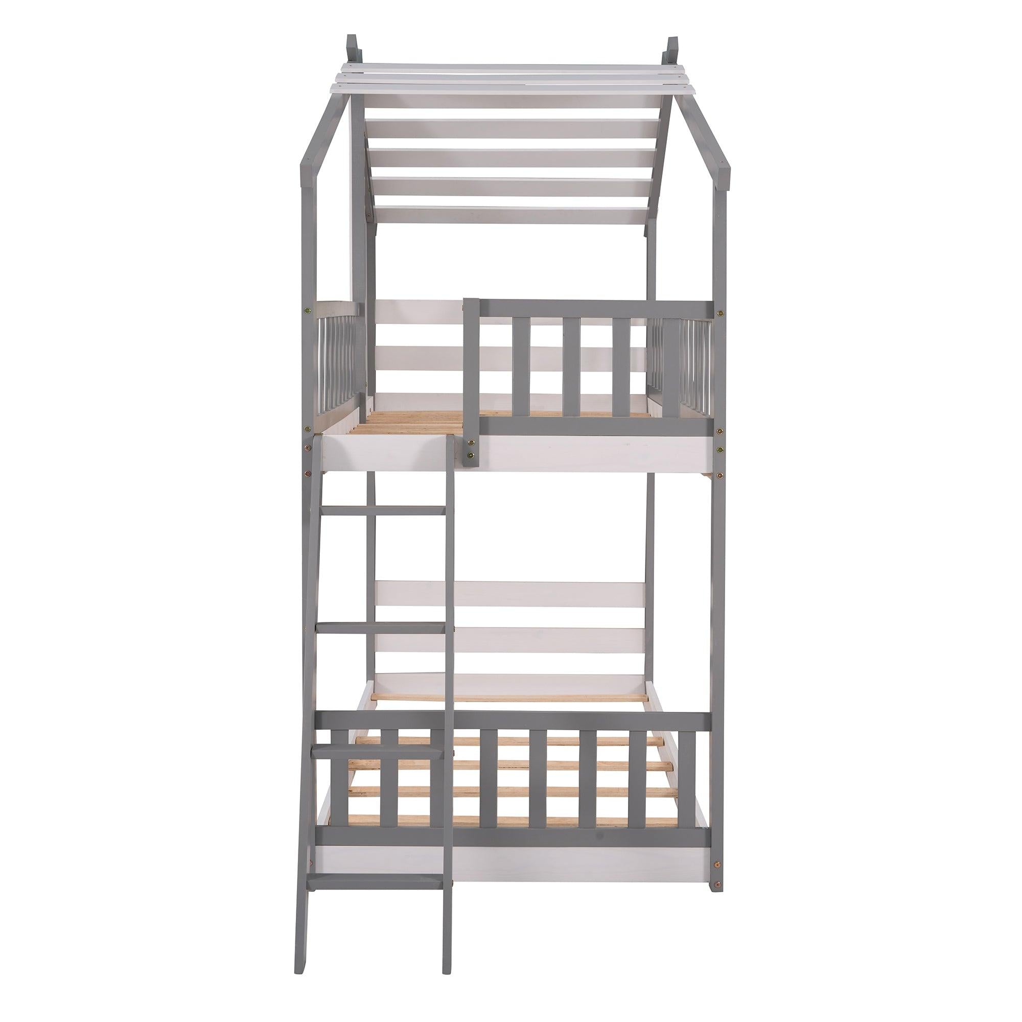 Twin Over Twin Low House Shaped Bunk Bed with Window and Ladder - Gray