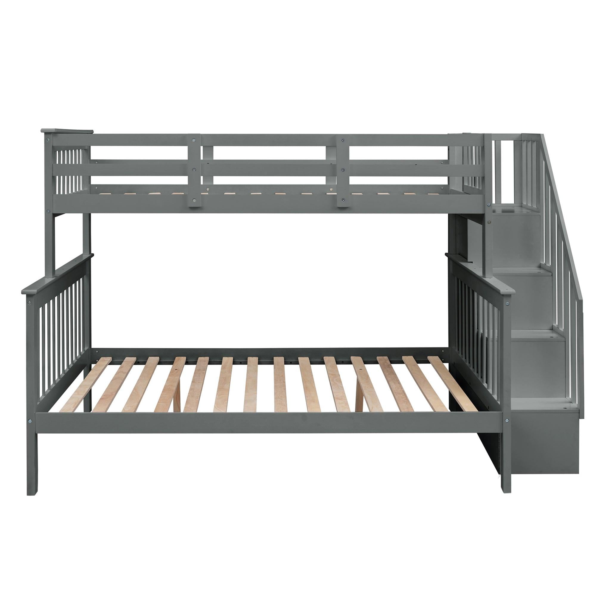 Twin Over Full Bunk Bed withStorage Staircase and Guard Rail - Gray