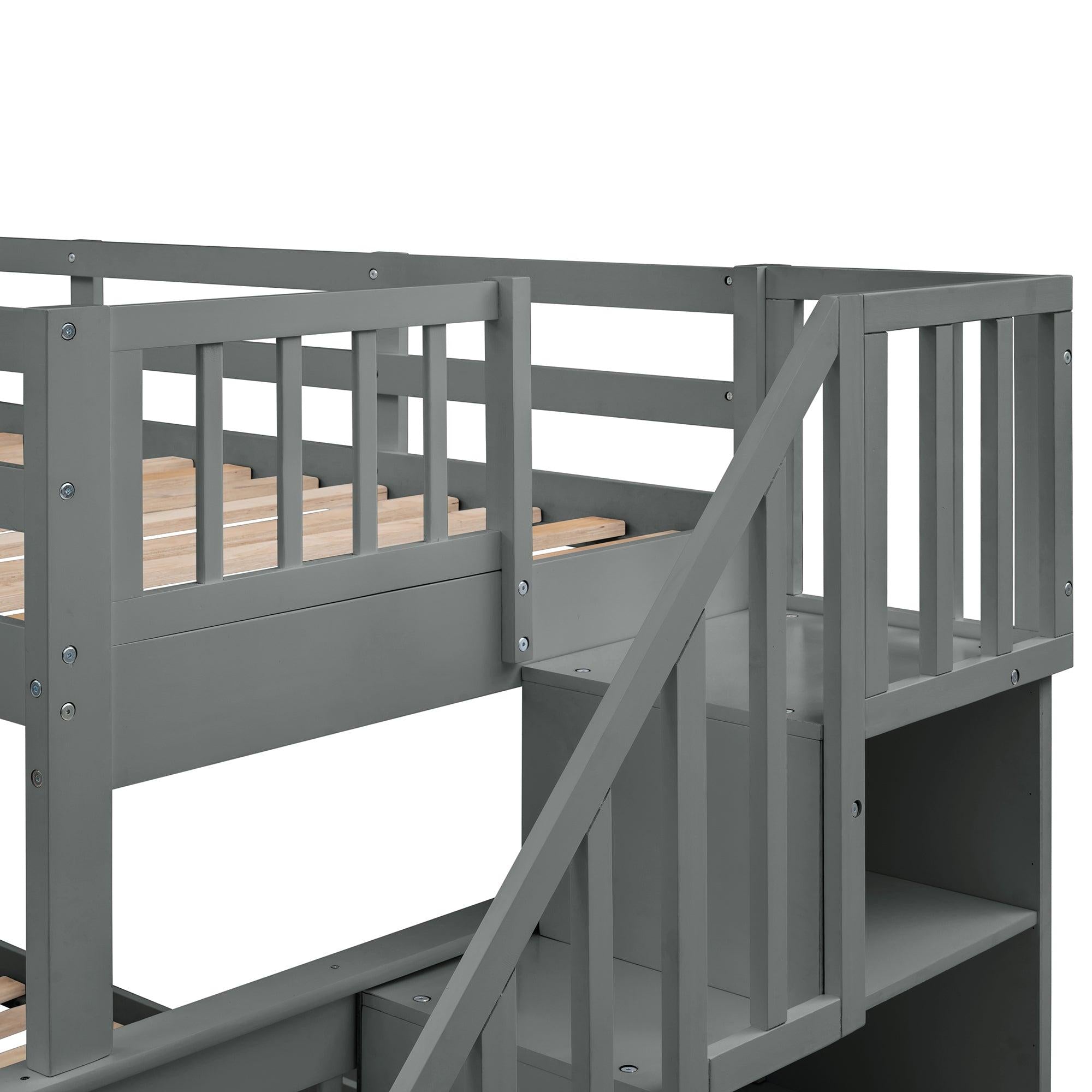 Twin over Full Bunk Bed with Twin size Trundle,Storage Staircase and Guard Rail - Gray