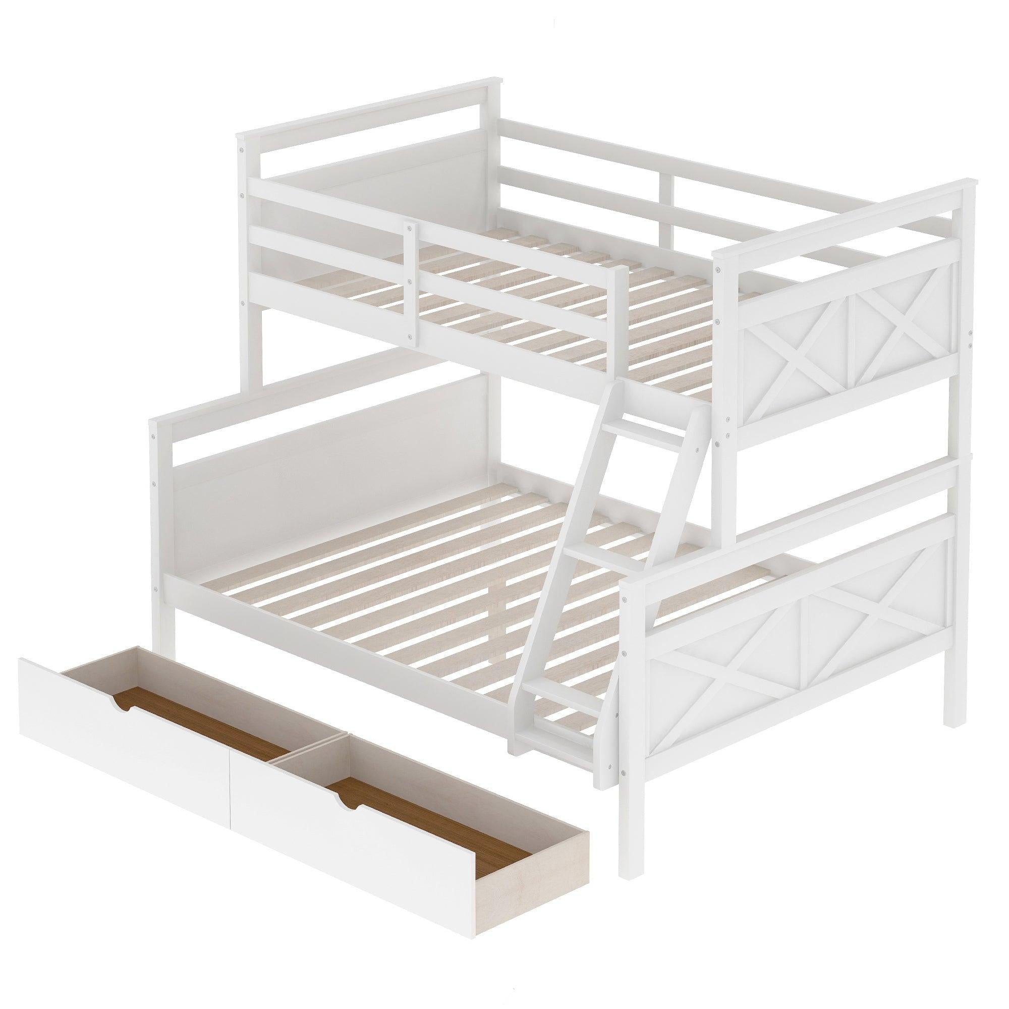 Twin over Full Bunk Bed with Ladder, TwoStorage Drawers and Safety Guardrail - White