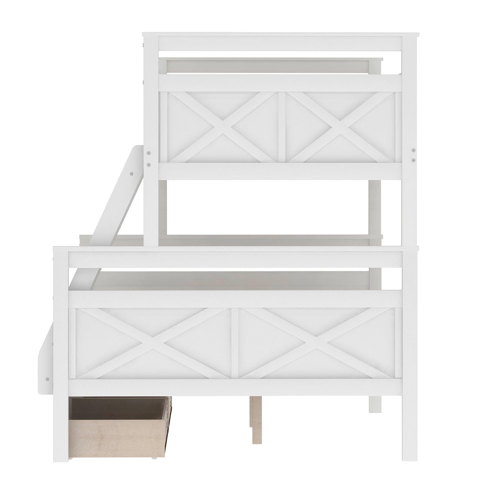 Twin over Full Bunk Bed with Ladder, TwoStorage Drawers and Safety Guardrail - White