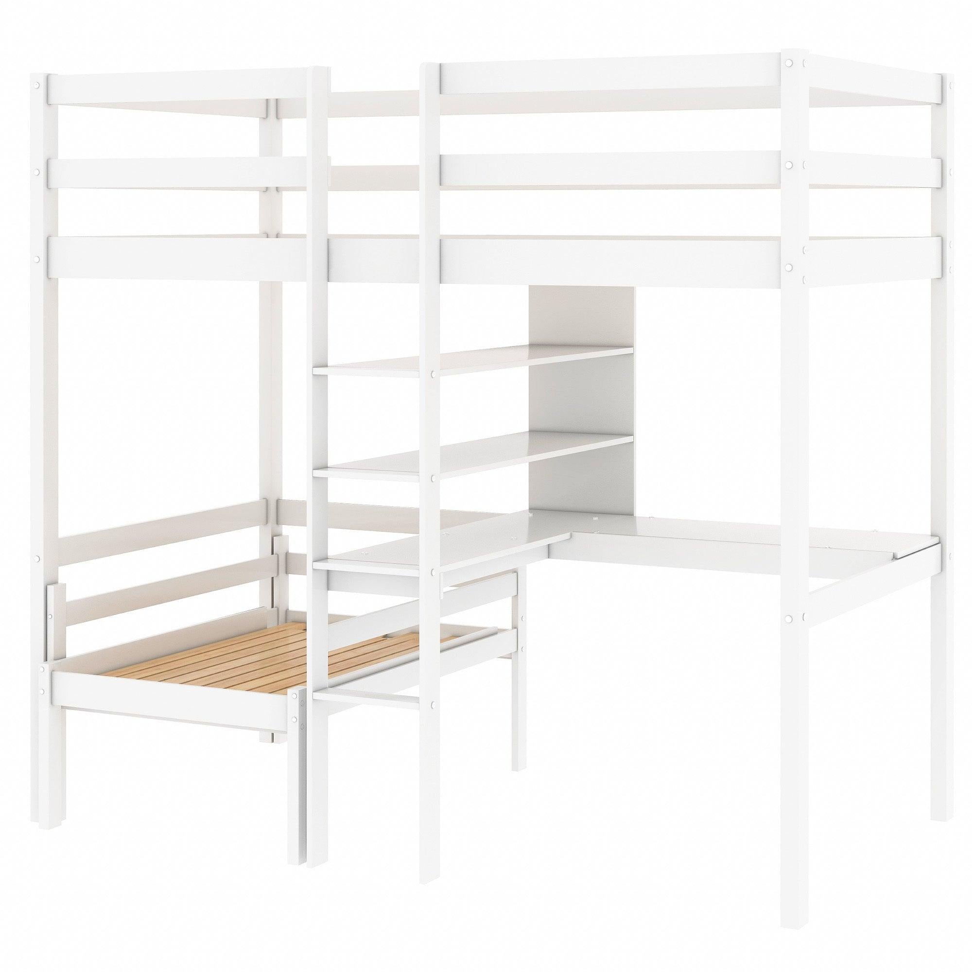 Convertible Loft Bed with L-Shape Desk, Twin Bunk Bed with Shelves and Ladder - White