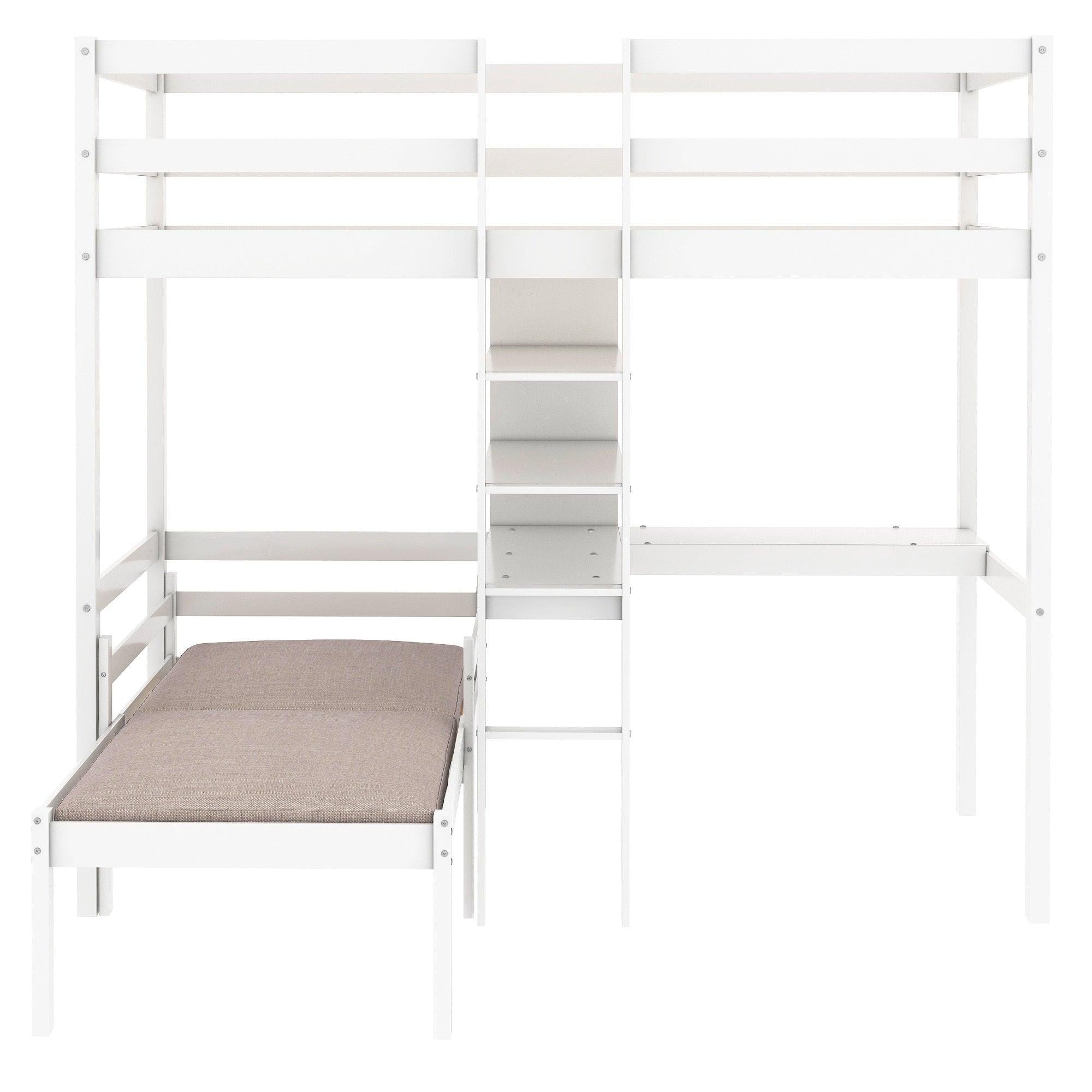 Convertible Loft Bed with L-Shape Desk, Twin Bunk Bed with Shelves and Ladder - White