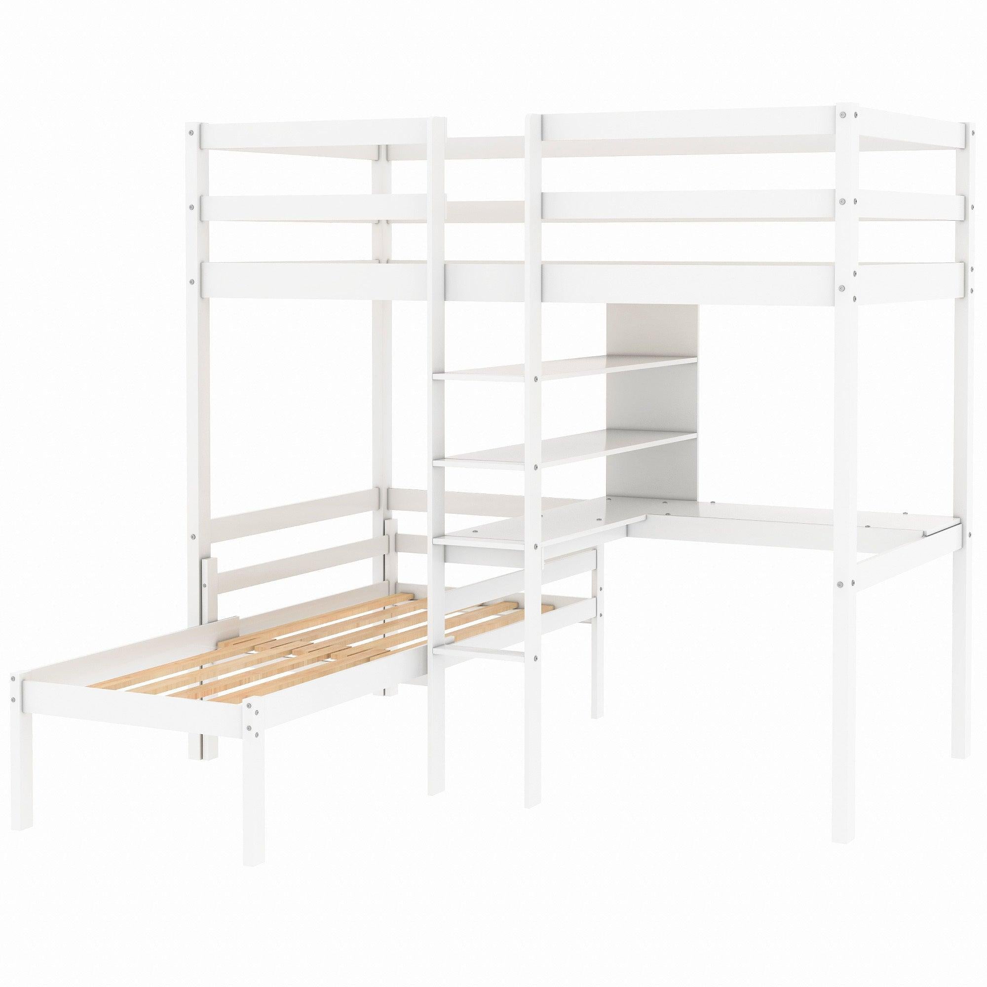 Convertible Loft Bed with L-Shape Desk, Twin Bunk Bed with Shelves and Ladder - White