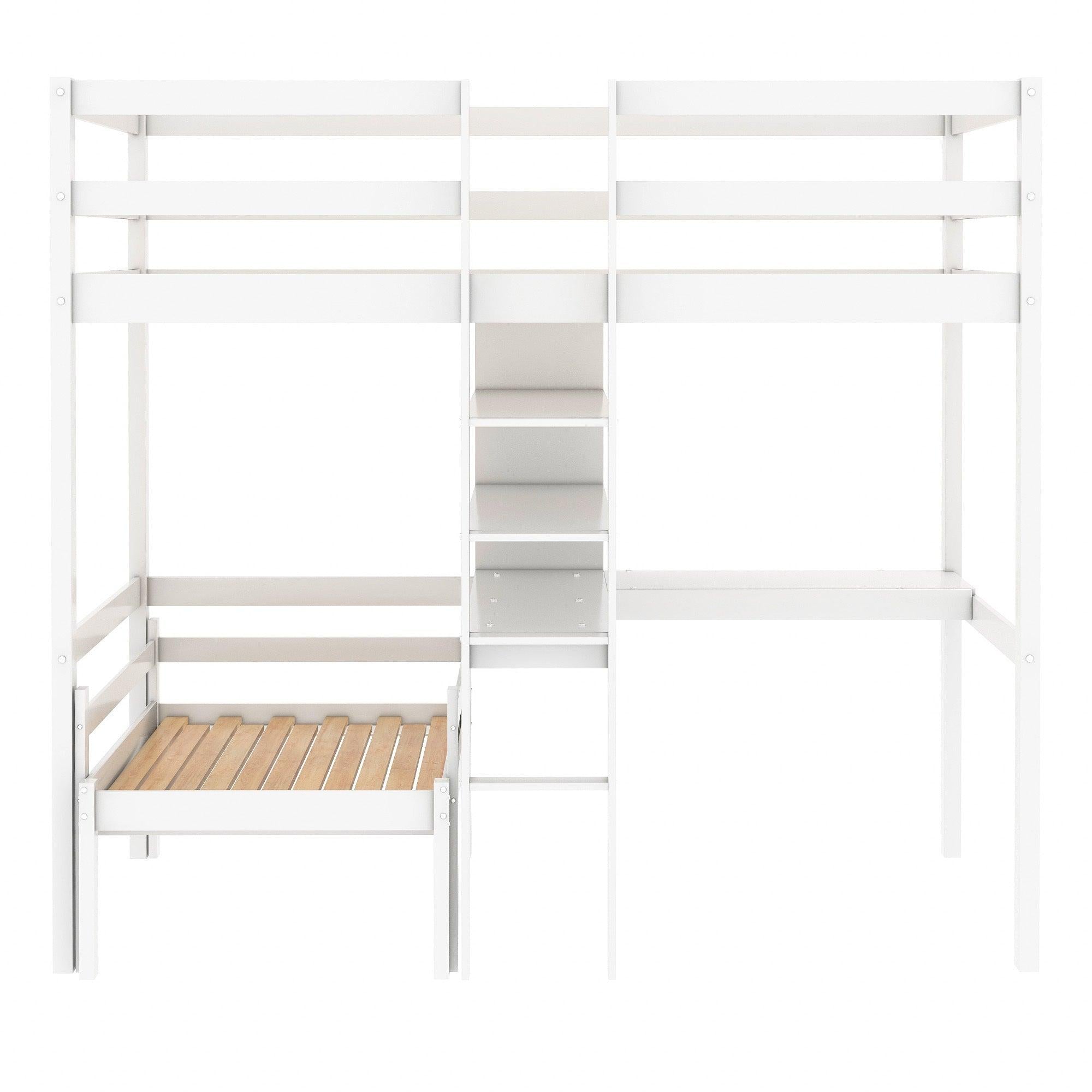 Convertible Loft Bed with L-Shape Desk, Twin Bunk Bed with Shelves and Ladder - White