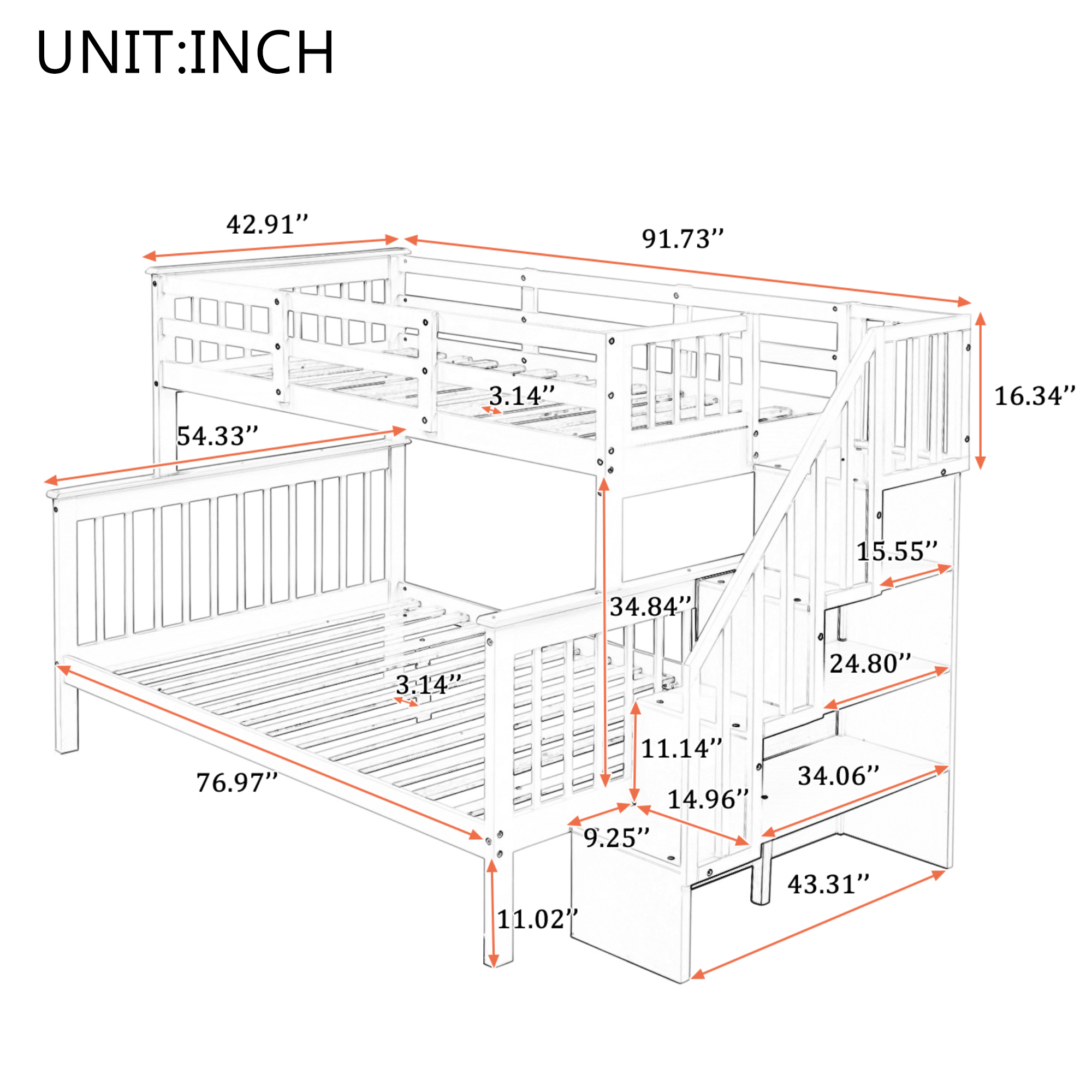 Twin Over Full Bunk Bed withStorage Staircase and Guard Rail - Gray