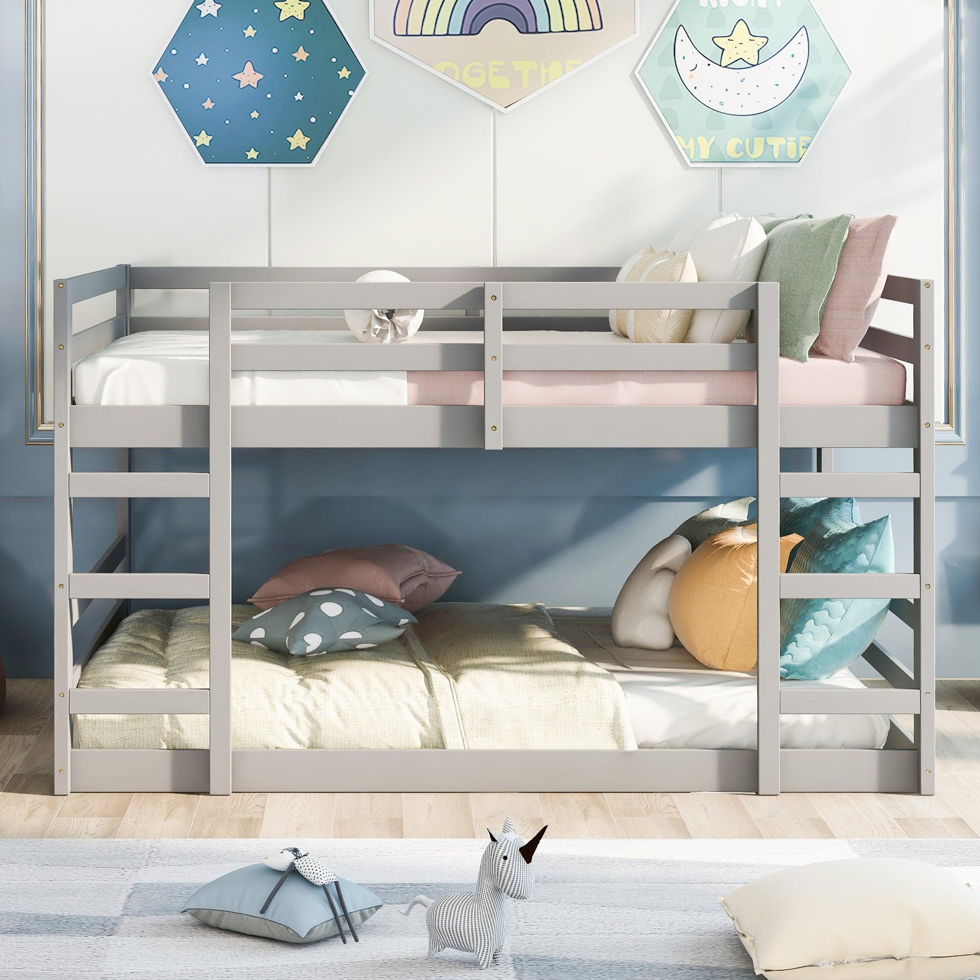 Full Over Full Low Bunk Bed with Ladder - Gray