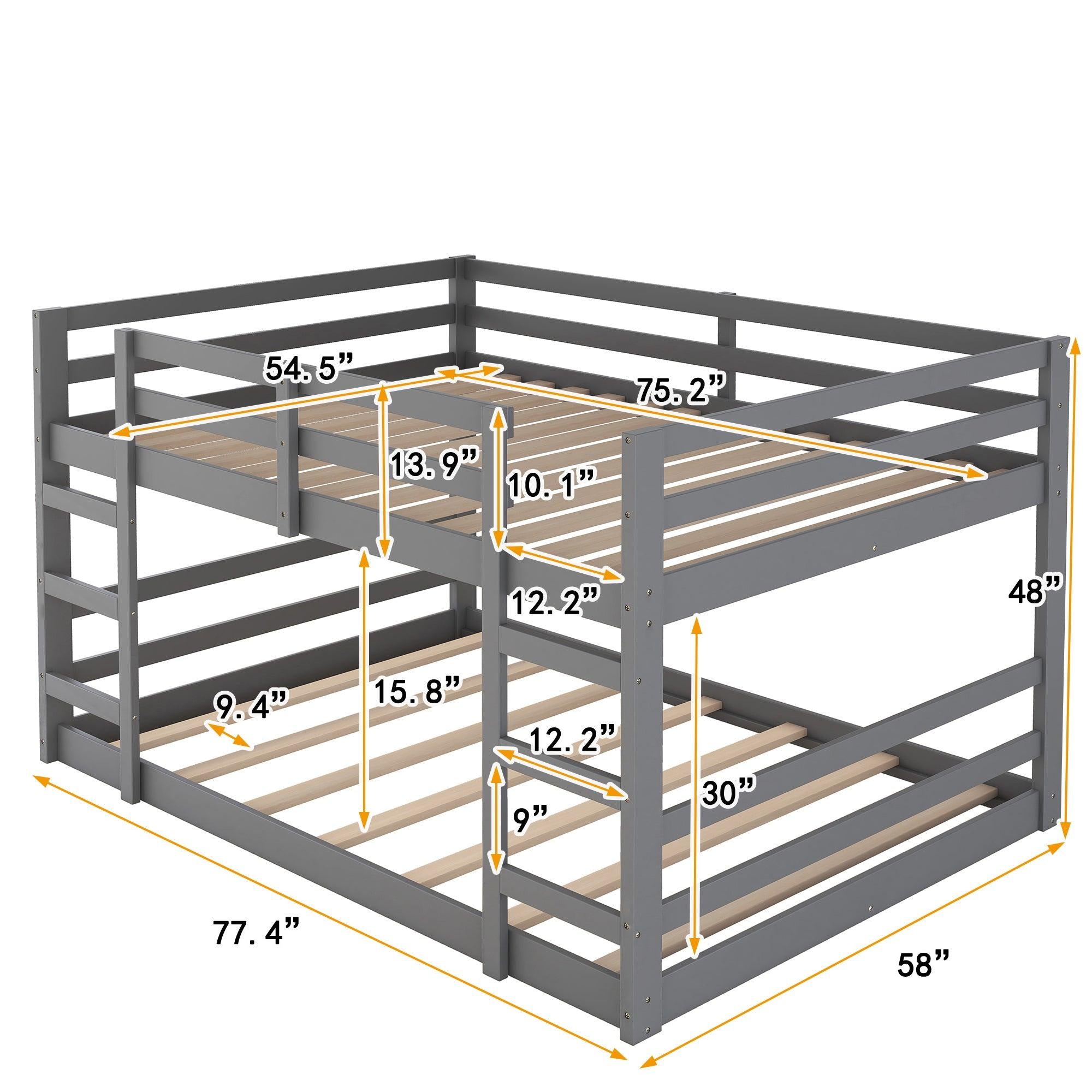 Full Over Full Low Bunk Bed with Ladder - Gray