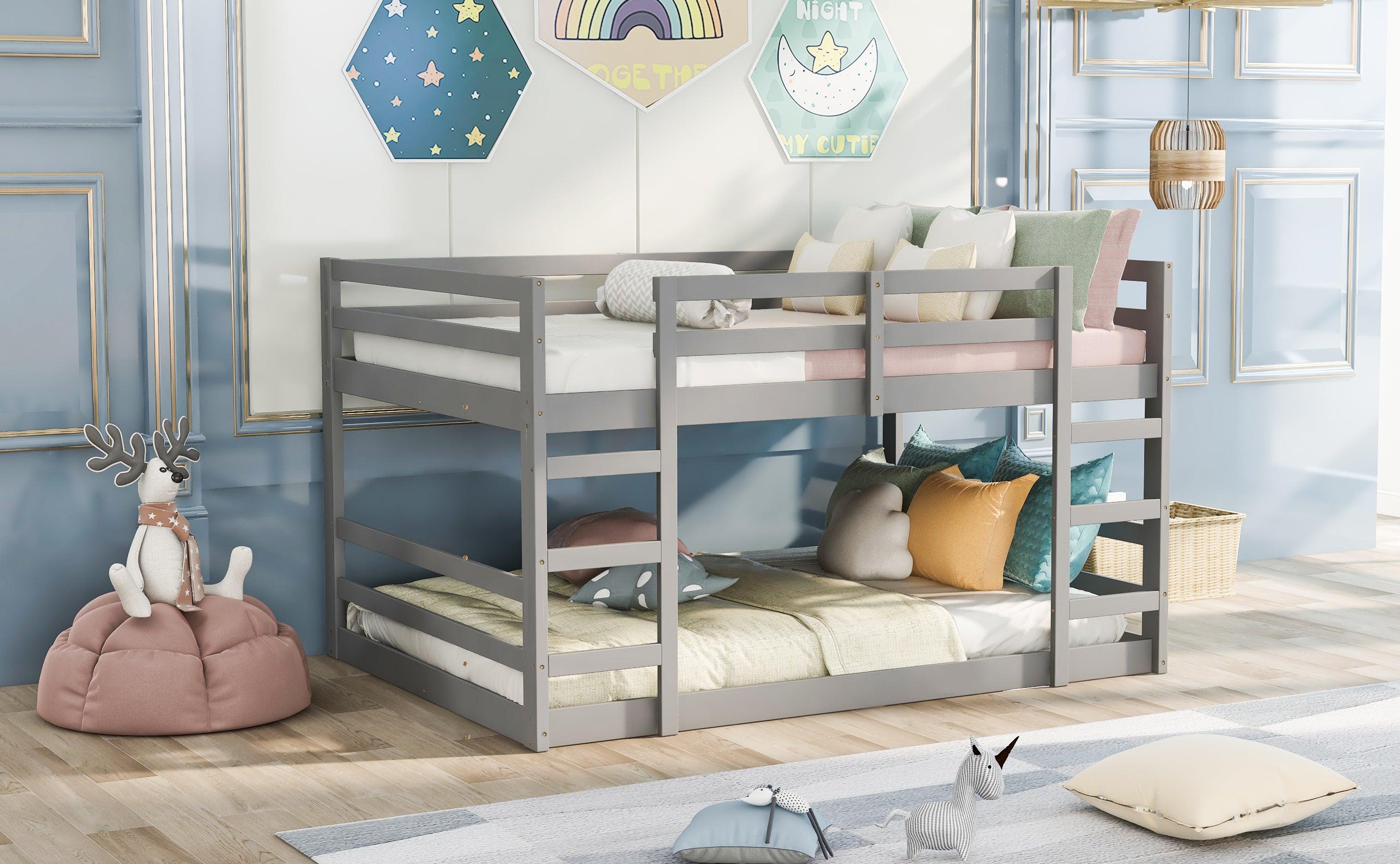 Full Over Full Low Bunk Bed with Ladder - Gray