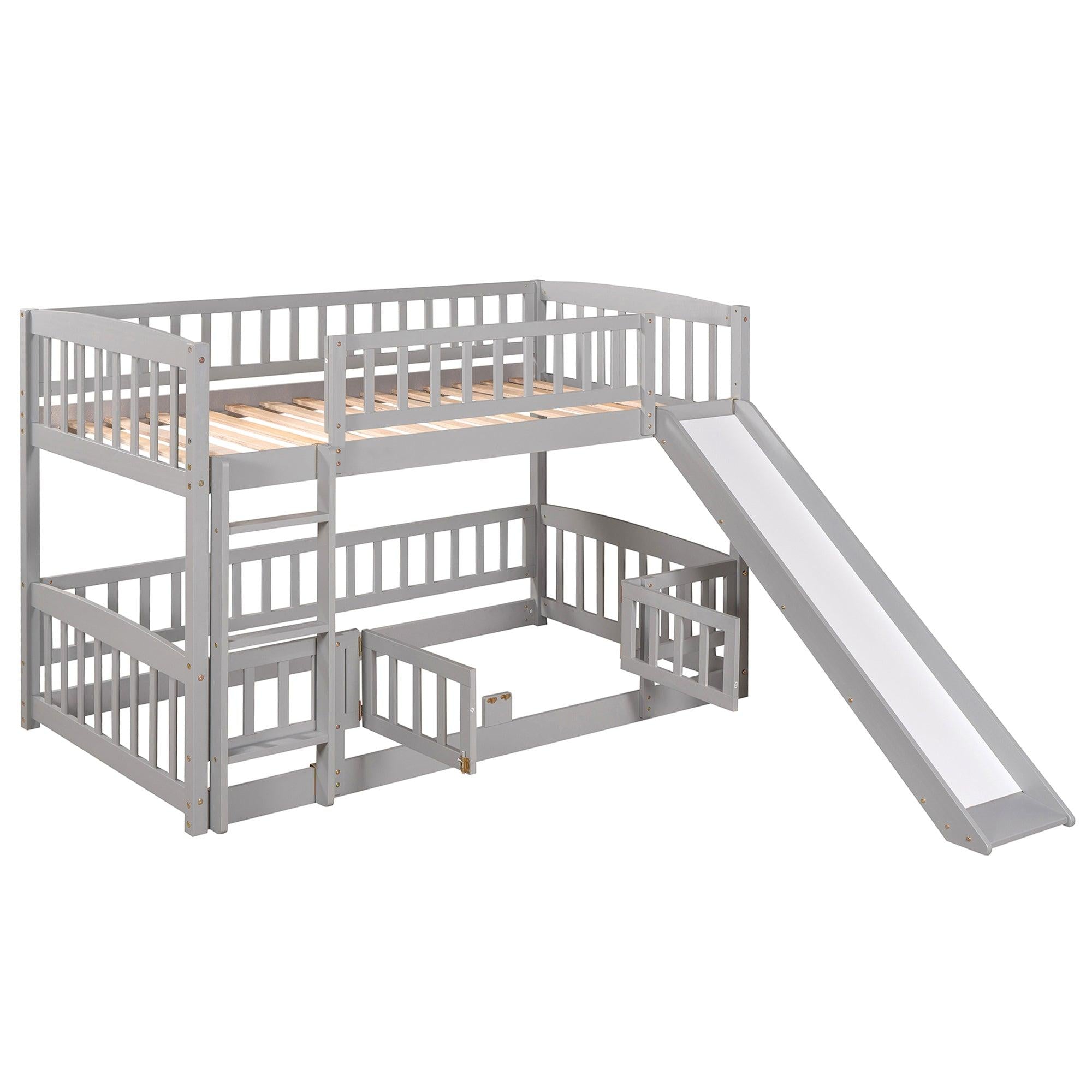 Twin over Twin Low Bunk Bed with Slide, Fence and Ladder - Gray