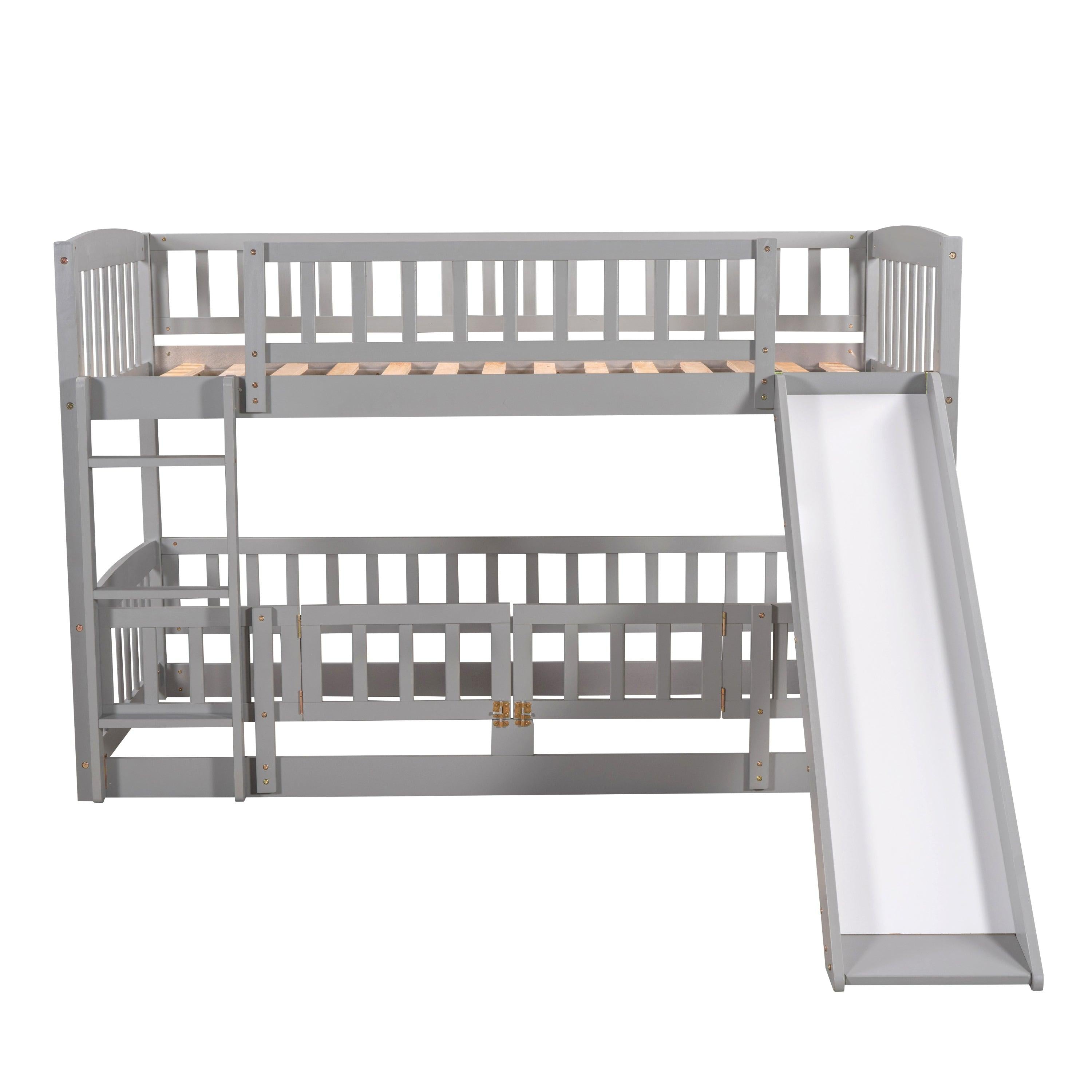 Twin over Twin Low Bunk Bed with Slide, Fence and Ladder - Gray