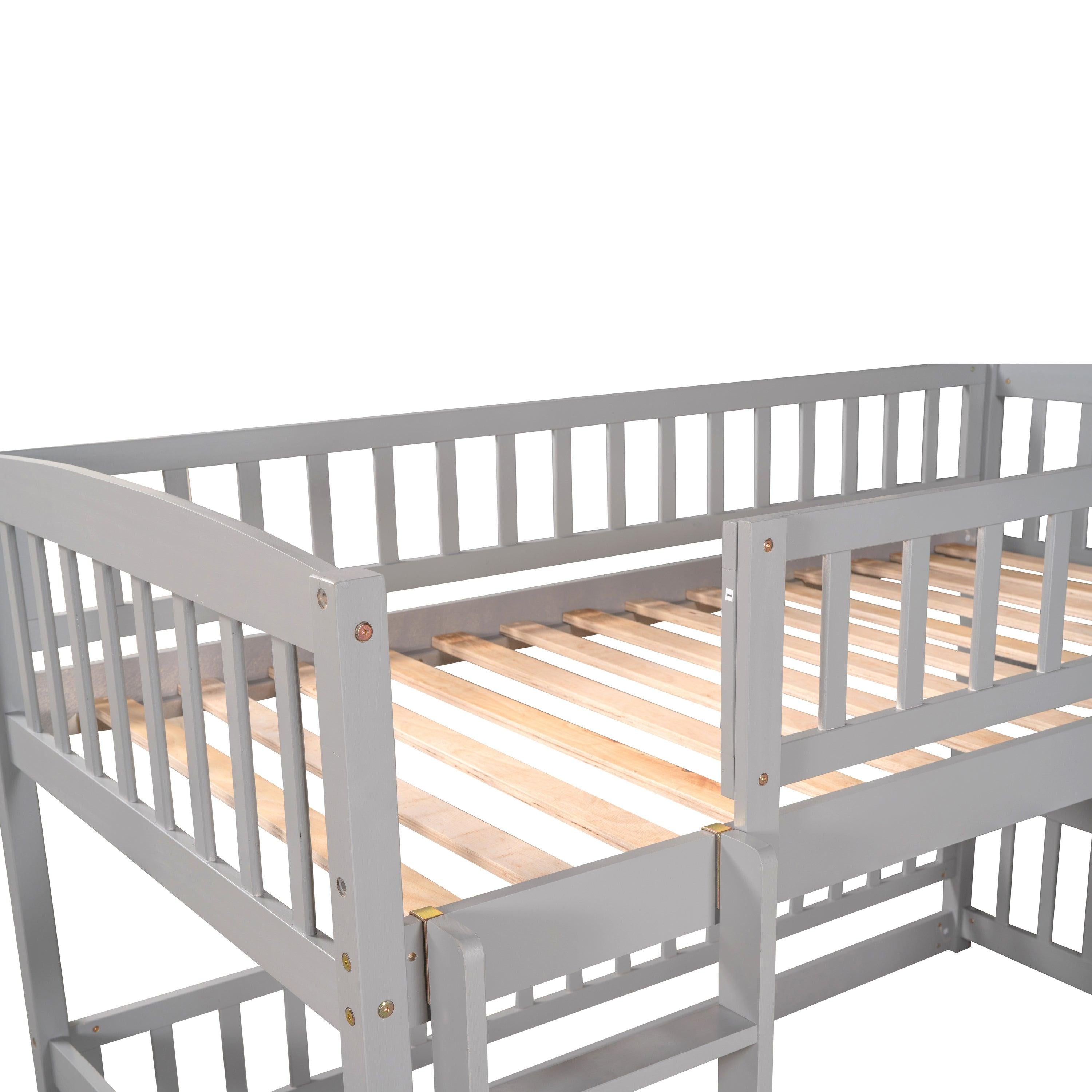 Twin over Twin Low Bunk Bed with Slide, Fence and Ladder - Gray