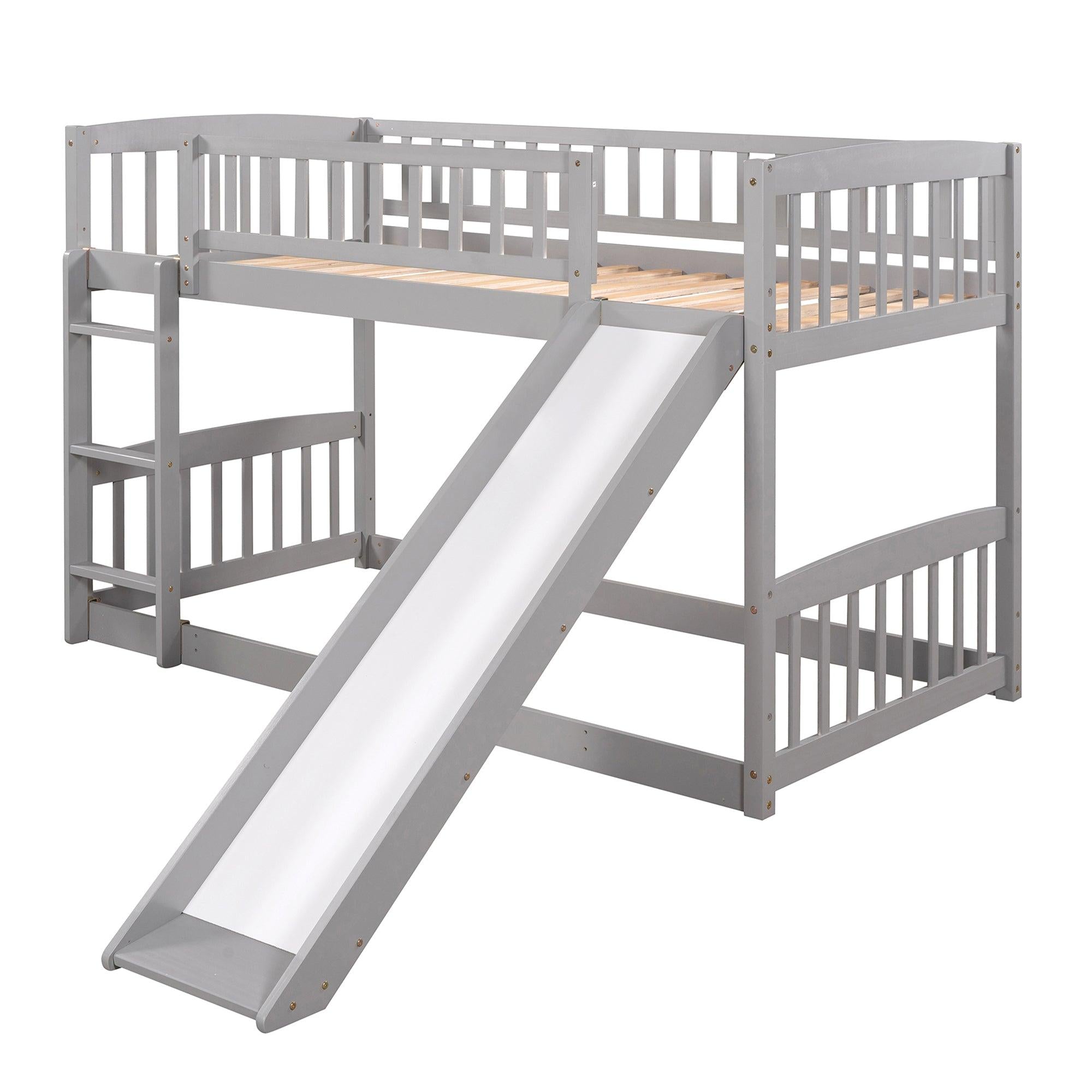 Twin over Twin Low Bunk Bed with Slide, Fence and Ladder - Gray