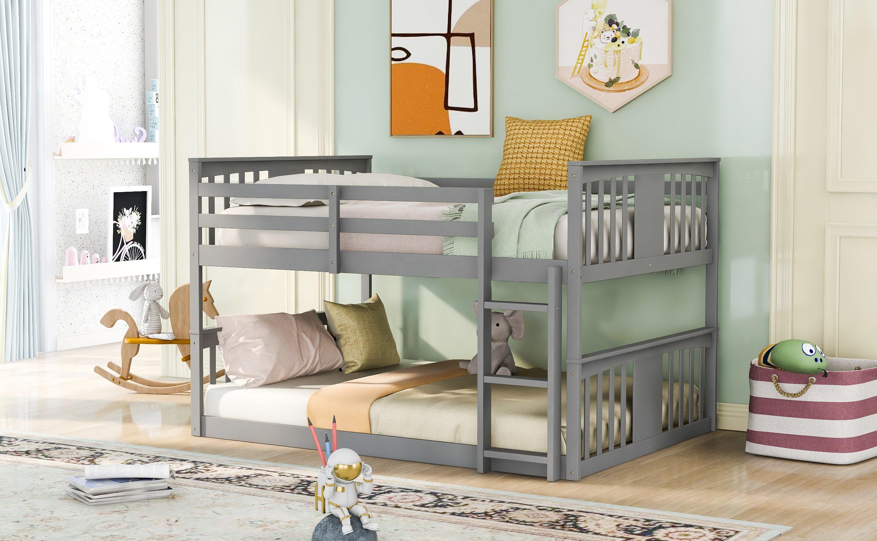 Full Over Full Low Bunk Bed with Ladder - Gray