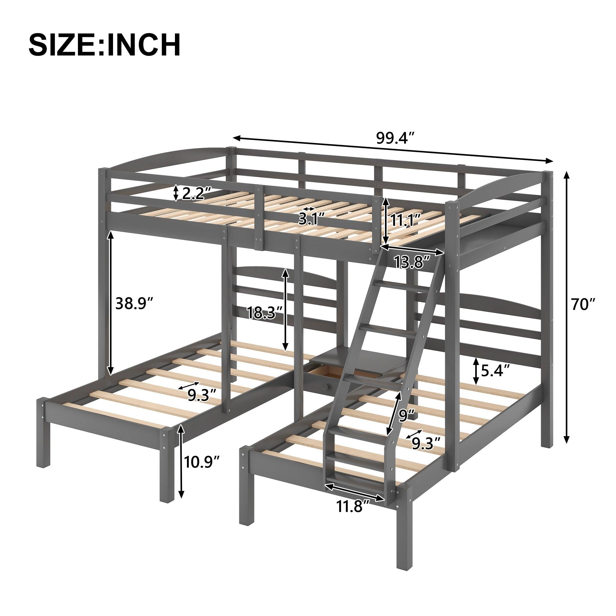 Full over Twin and Twin Bunk Bed - Gray