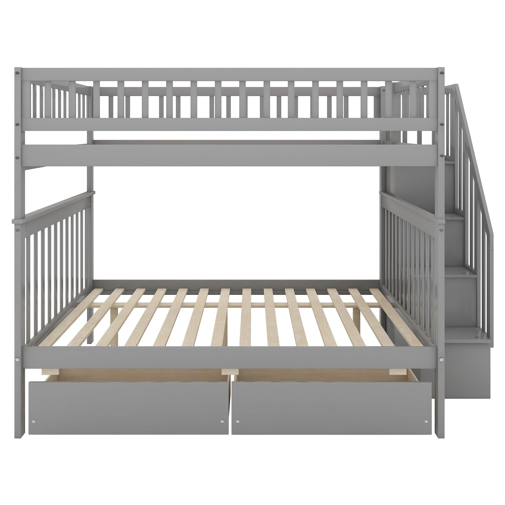 Full over Full Bunk Bed with Two Drawers andStorage Staircase - Gray