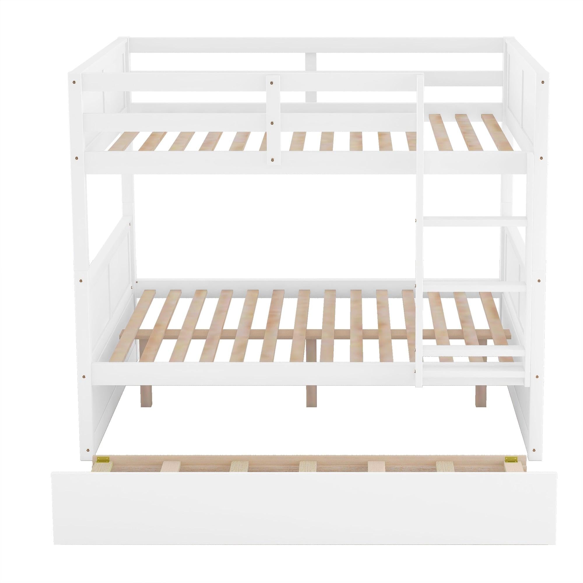 Full Over Full Bunk Bed with Twin Size Trundle, Ladder, Head and Footboard - White