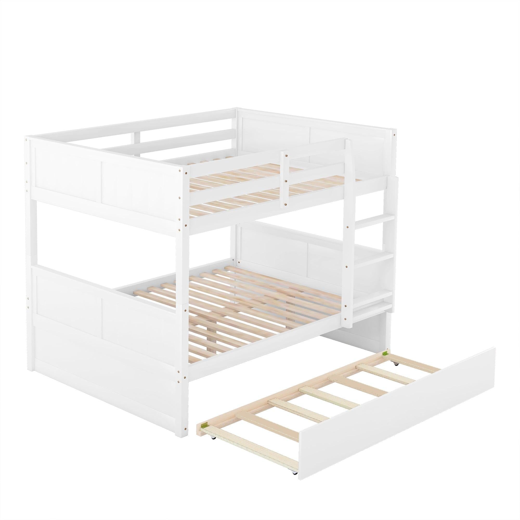 Full Over Full Bunk Bed with Twin Size Trundle, Ladder, Head and Footboard - White