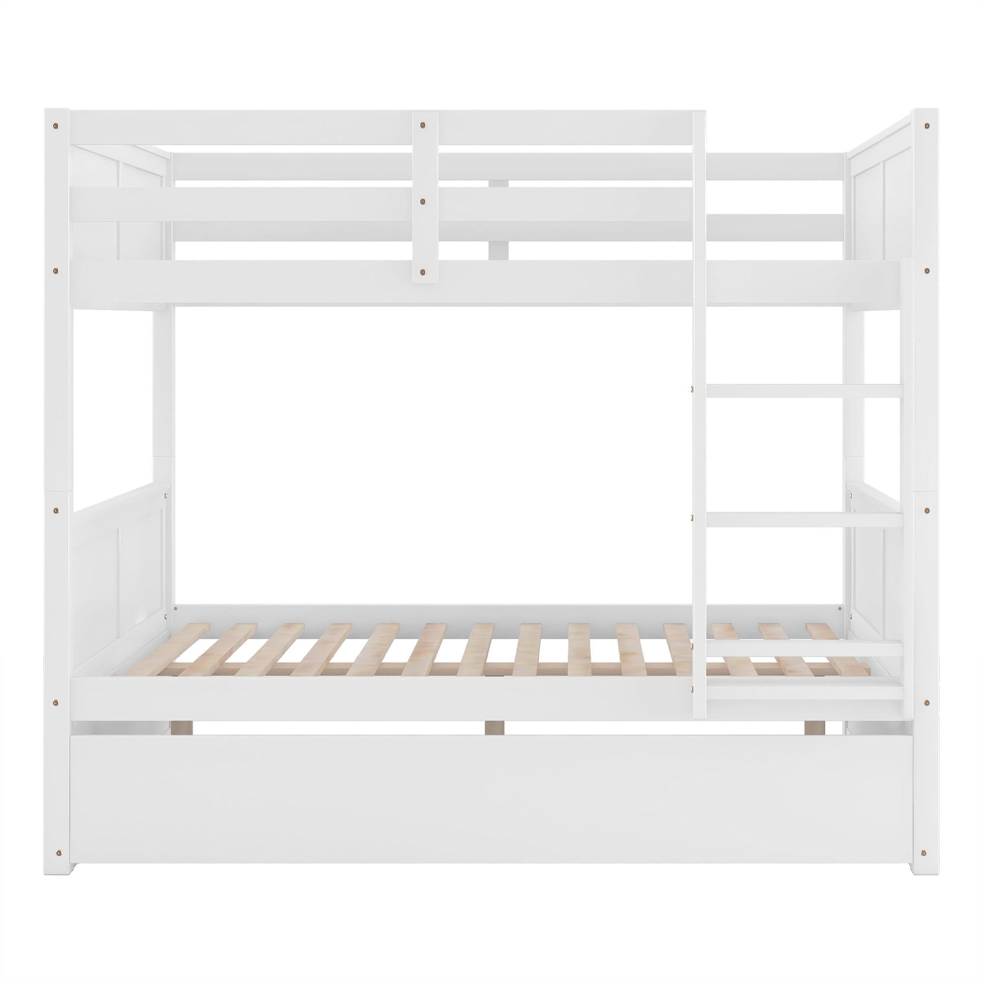 Full Over Full Bunk Bed with Twin Size Trundle, Ladder, Head and Footboard - White