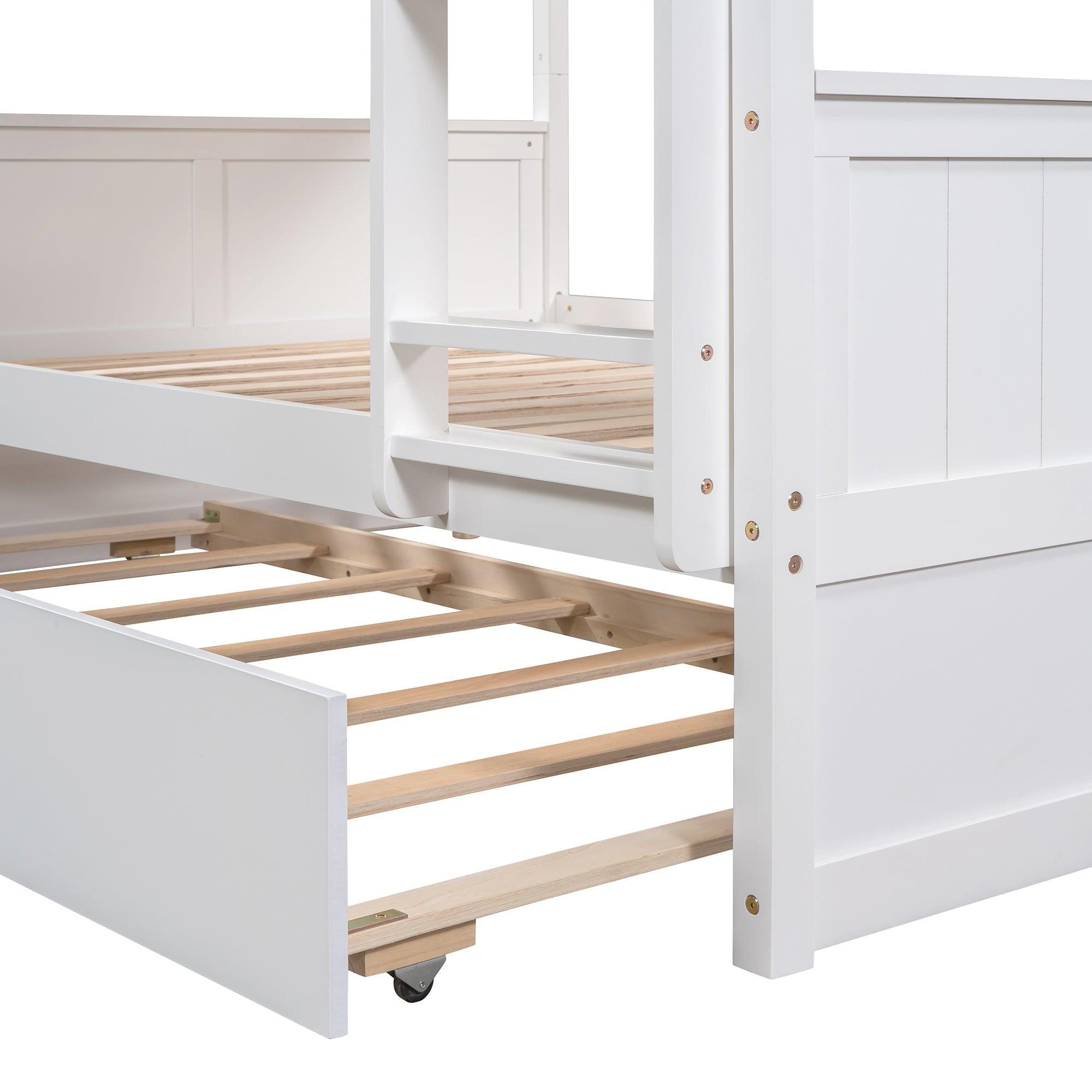 Full Over Full Bunk Bed with Twin Size Trundle, Ladder, Head and Footboard - White