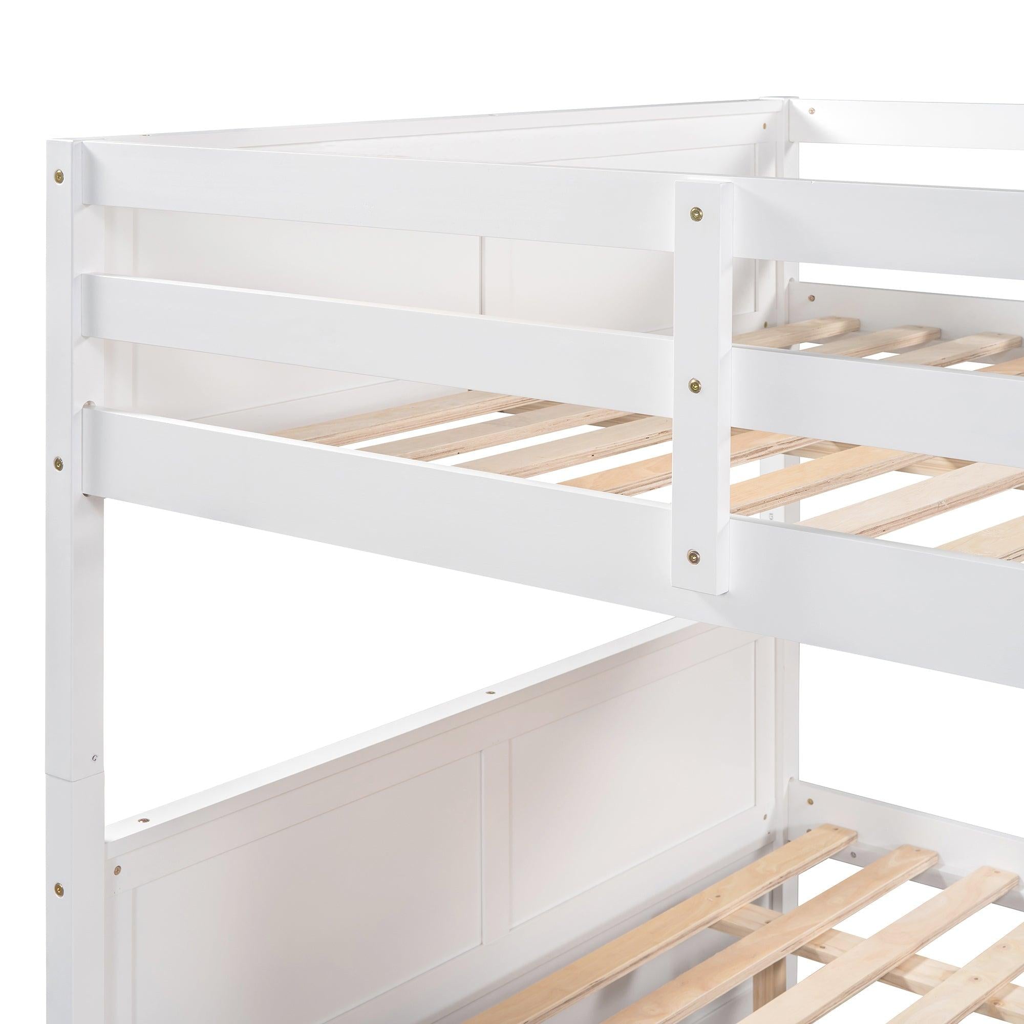 Full Over Full Bunk Bed with Twin Size Trundle, Ladder, Head and Footboard - White