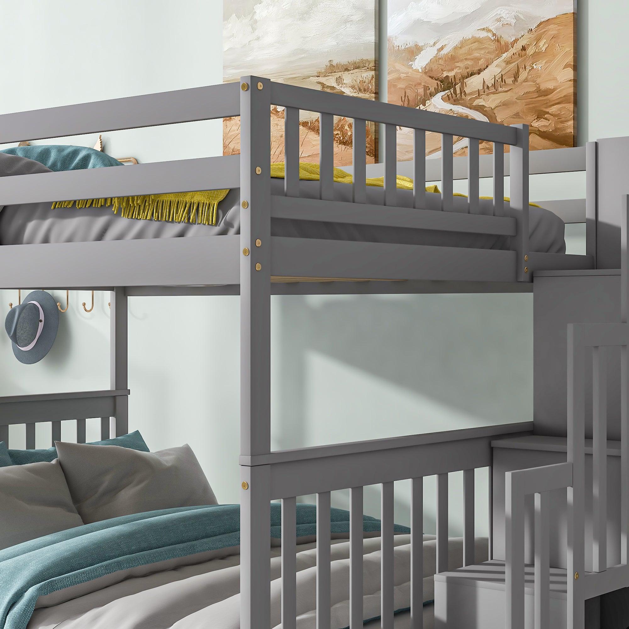 Full Over Full Convertible Bunk Bed with Drawers,Storage Staircase, Head and Footboard - Gray