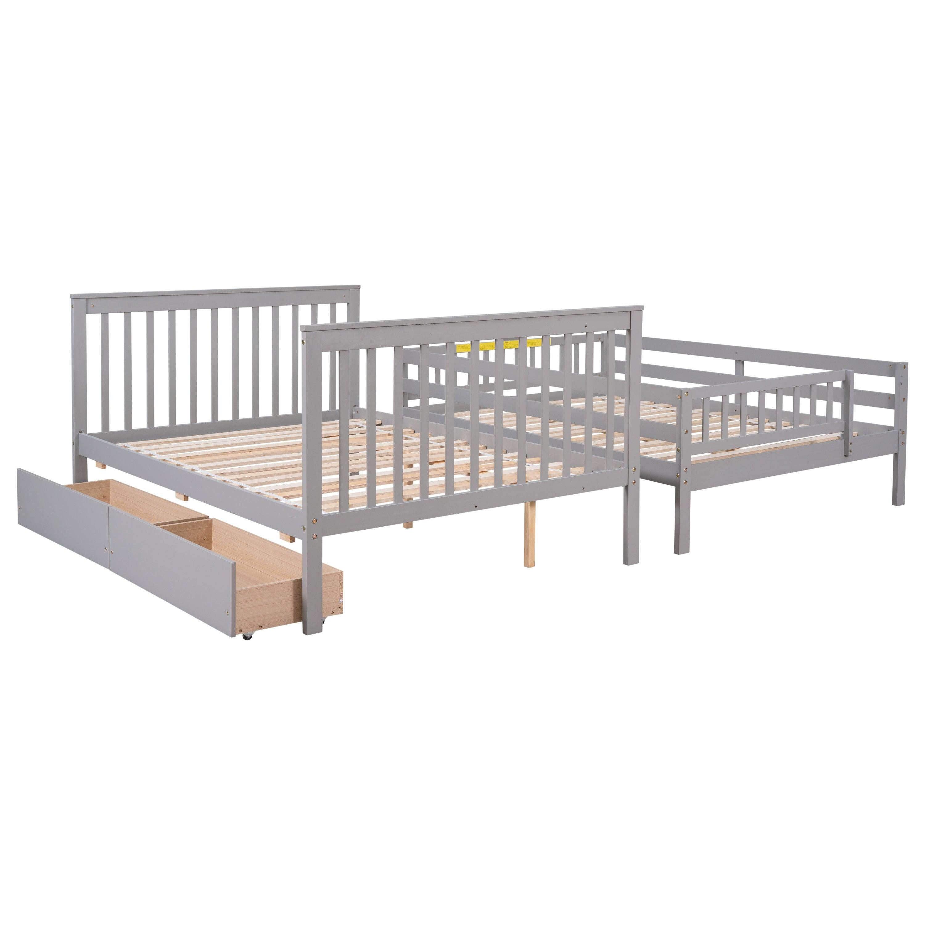 Full Over Full Convertible Bunk Bed with Drawers,Storage Staircase, Head and Footboard - Gray