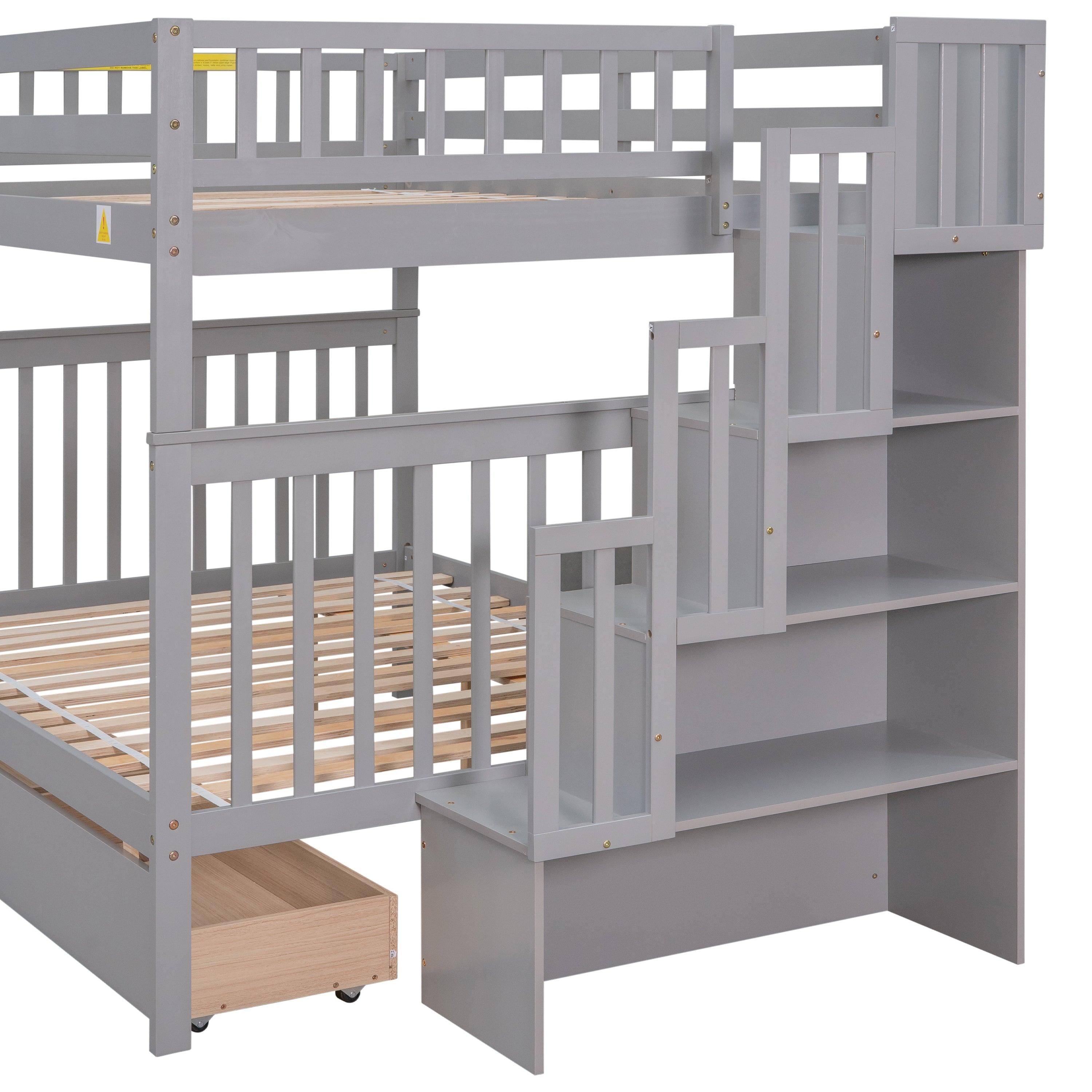 Full Over Full Convertible Bunk Bed with Drawers,Storage Staircase, Head and Footboard - Gray