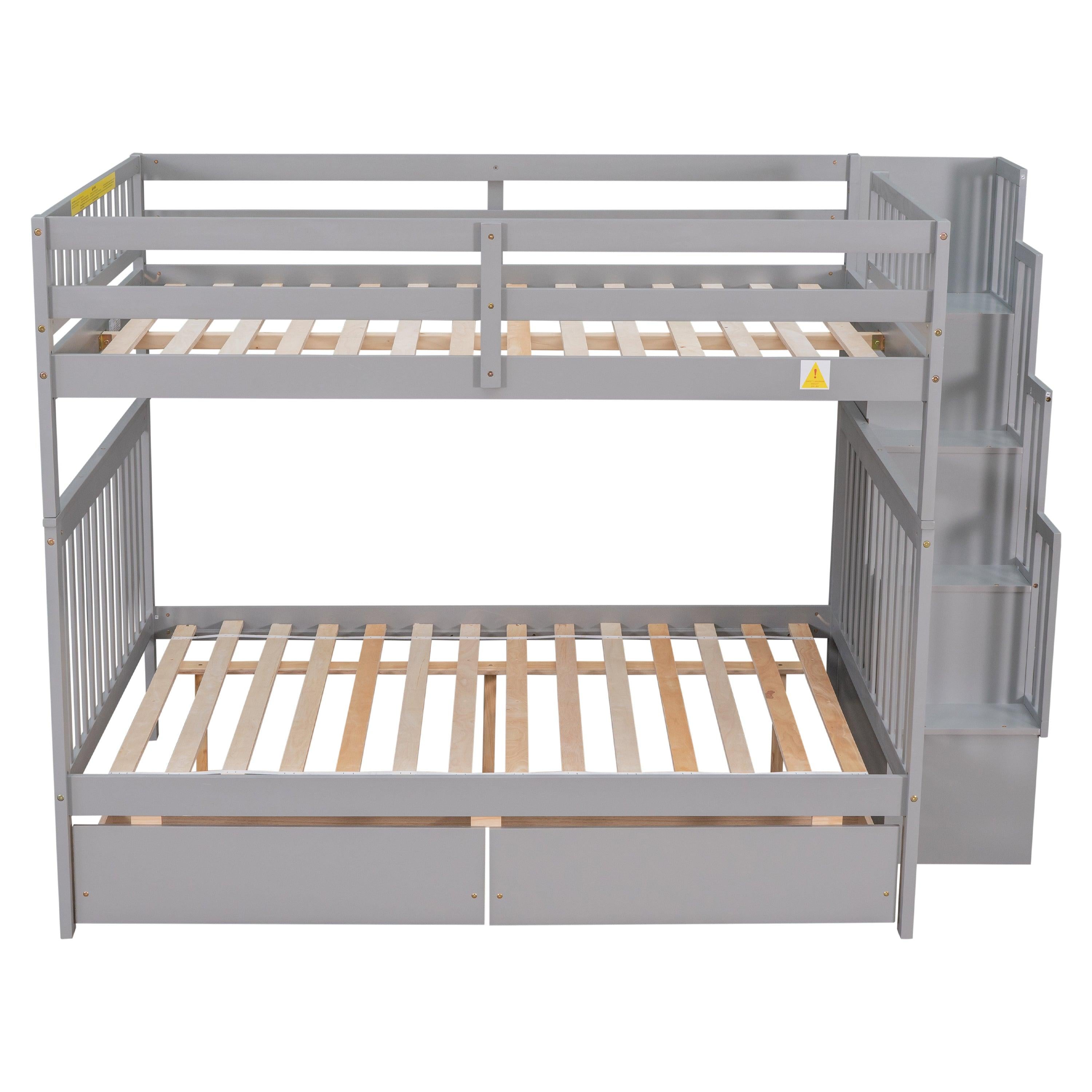 Full Over Full Convertible Bunk Bed with Drawers,Storage Staircase, Head and Footboard - Gray