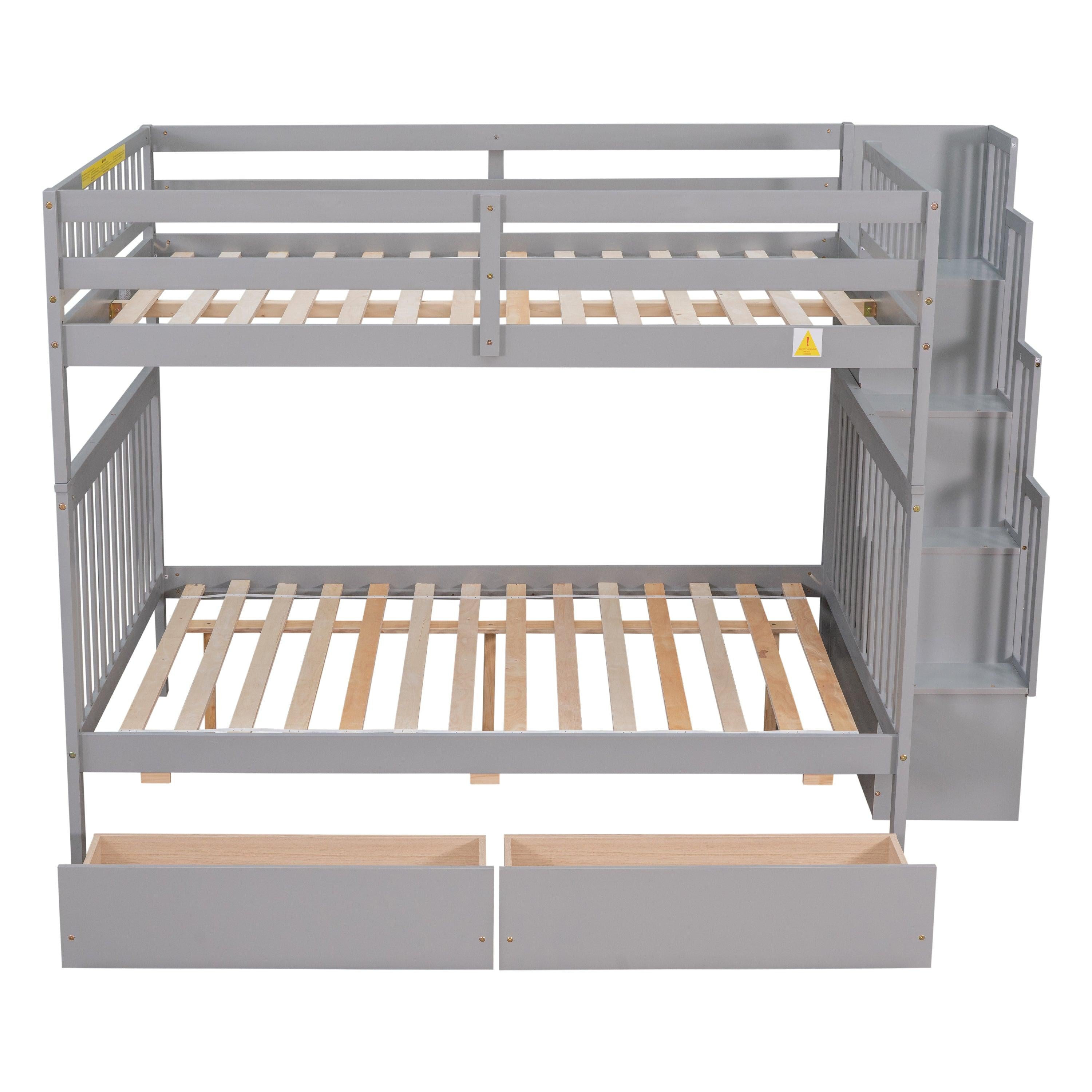 Full Over Full Convertible Bunk Bed with Drawers,Storage Staircase, Head and Footboard - Gray