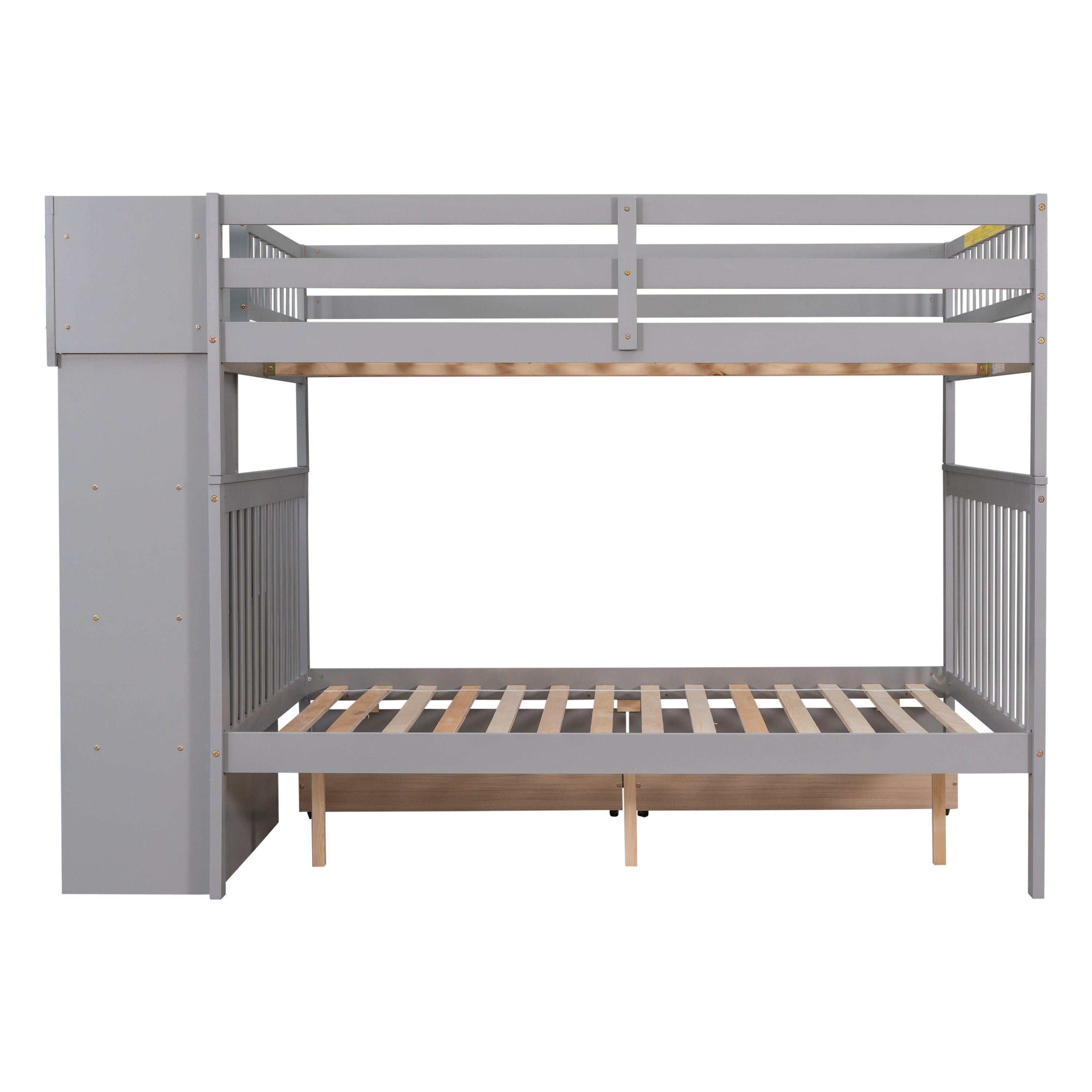 Full Over Full Convertible Bunk Bed with Drawers,Storage Staircase, Head and Footboard - Gray