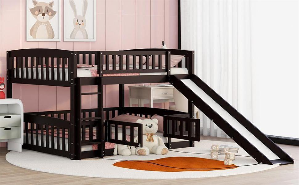 Full over Full Low Bunk Bed with Slide, Fence and Ladder - Espresso