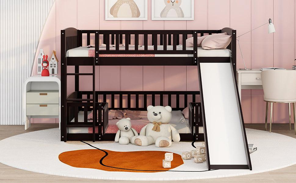 Full over Full Low Bunk Bed with Slide, Fence and Ladder - Espresso