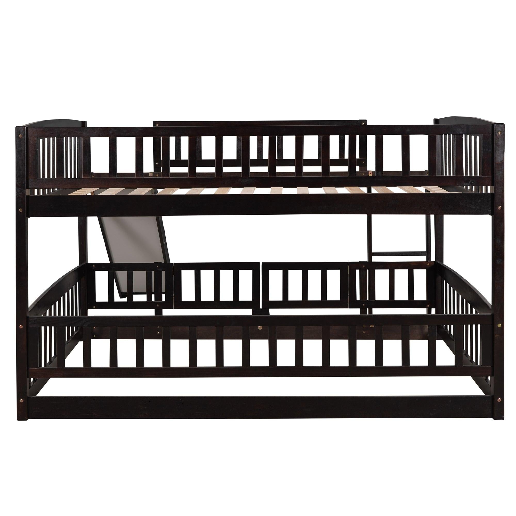 Full over Full Low Bunk Bed with Slide, Fence and Ladder - Espresso