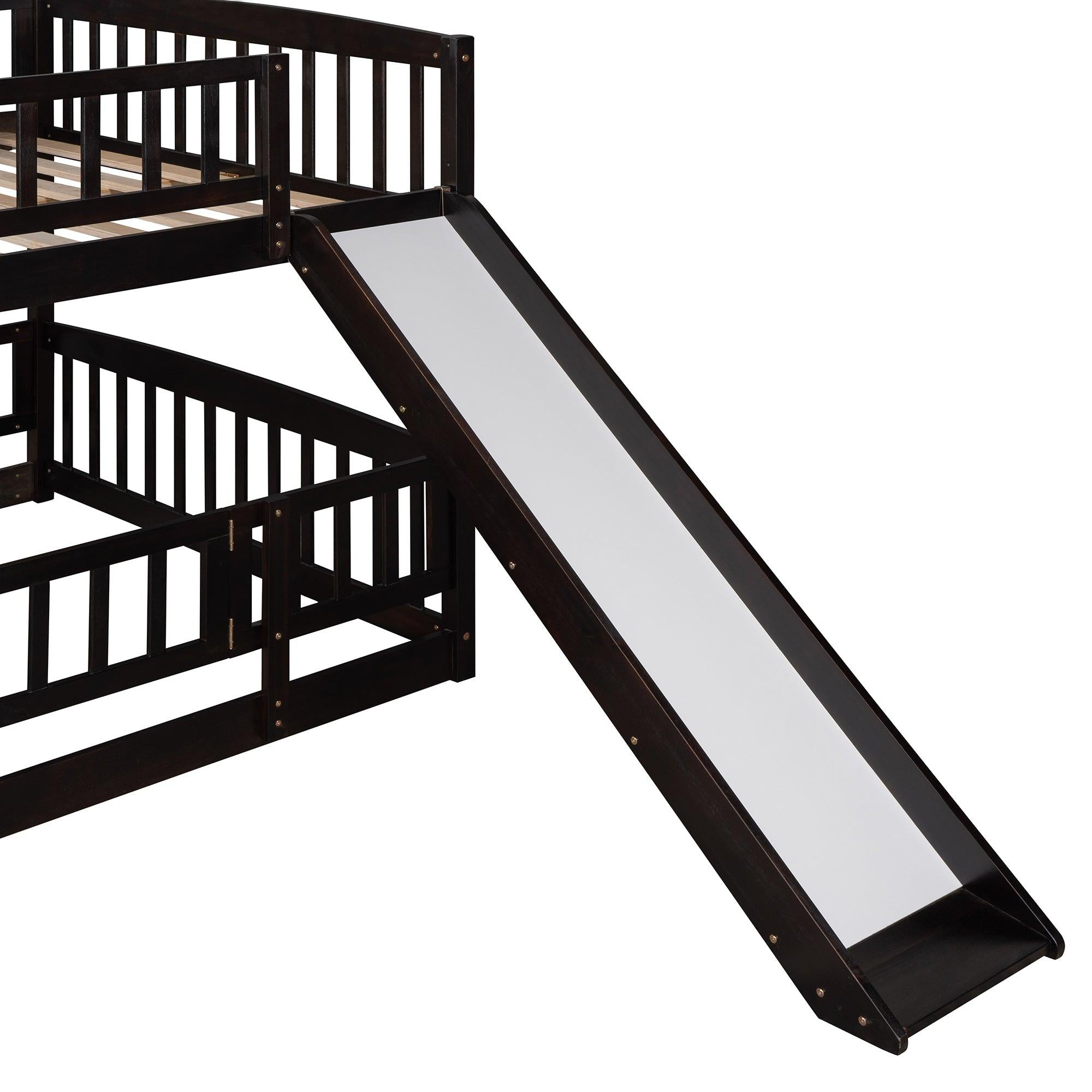 Full over Full Low Bunk Bed with Slide, Fence and Ladder - Espresso