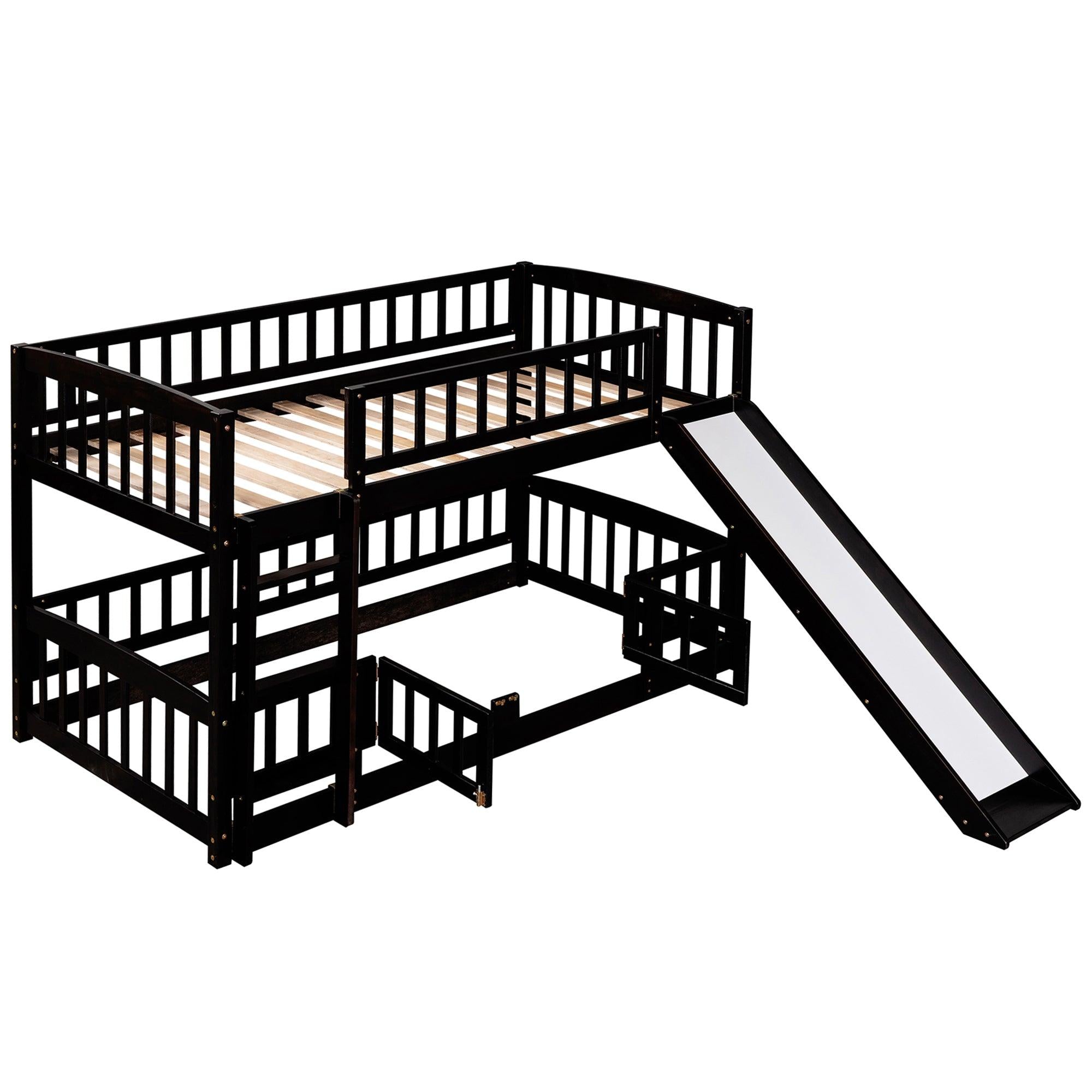 Twin over Twin Low Bunk Bed with Slide, Fence and Ladder - Espresso