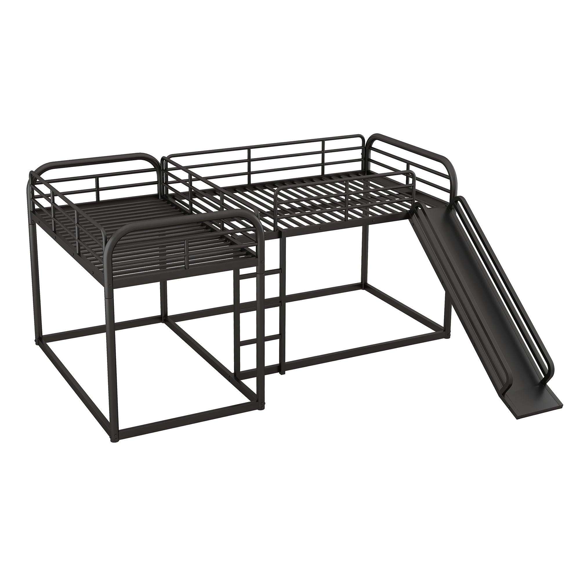 Full and Twin Size Low L-Shaped Bunk Bed with Slide and Ladder - Black