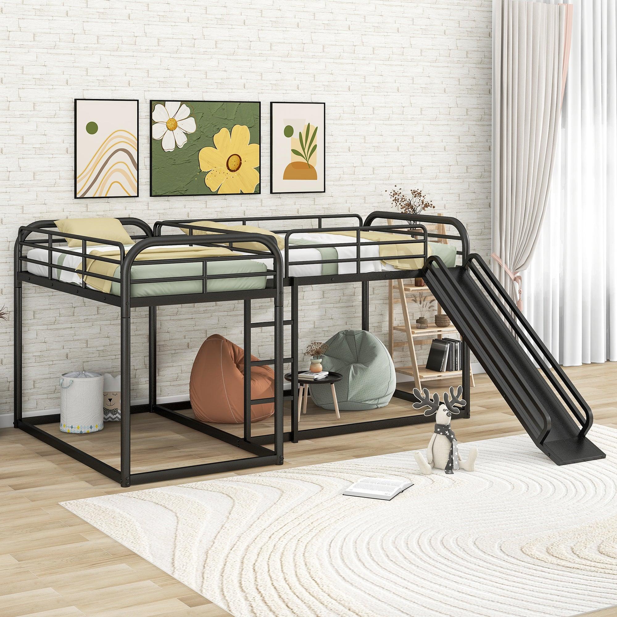 Full and Twin Size Low L-Shaped Bunk Bed with Slide and Ladder - Black